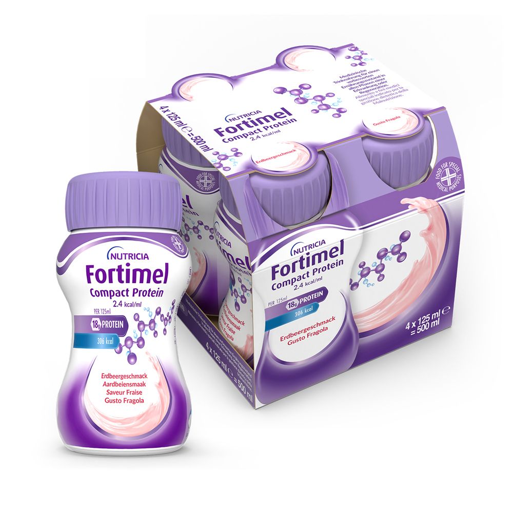 Bottiglia e confezione Fortimel Compact Protein. Gusto fragola. Bottiglie viola con tappi viola. Confezione da 4.