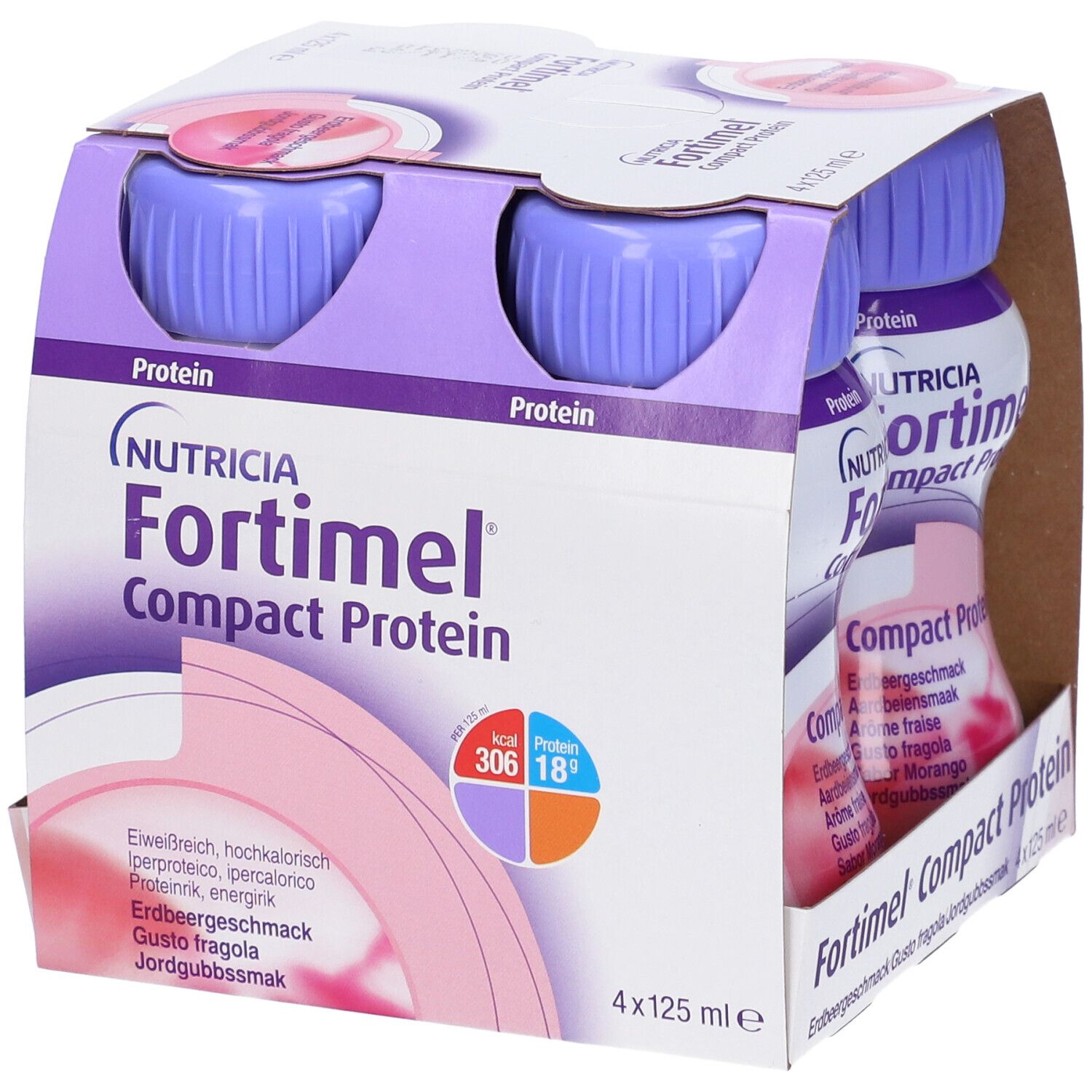 Confezione Fortimel Compact Protein. Gusto fragola. 4 bottiglie per confezione. Tappi viola. Informazioni nutrizionali.