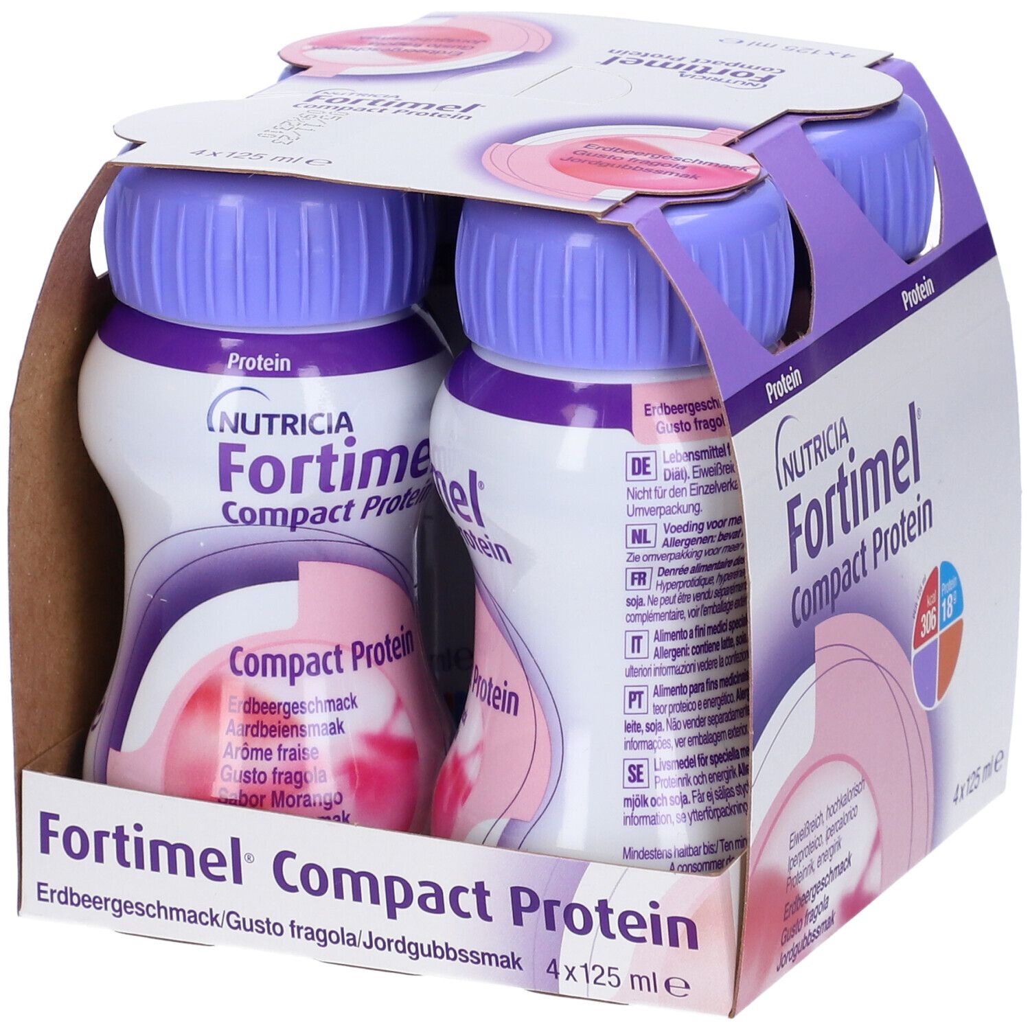 Confezione Fortimel Compact Protein. Gusto fragola. 4 bottiglie per confezione. Tappi viola. Informazioni sul prodotto.
