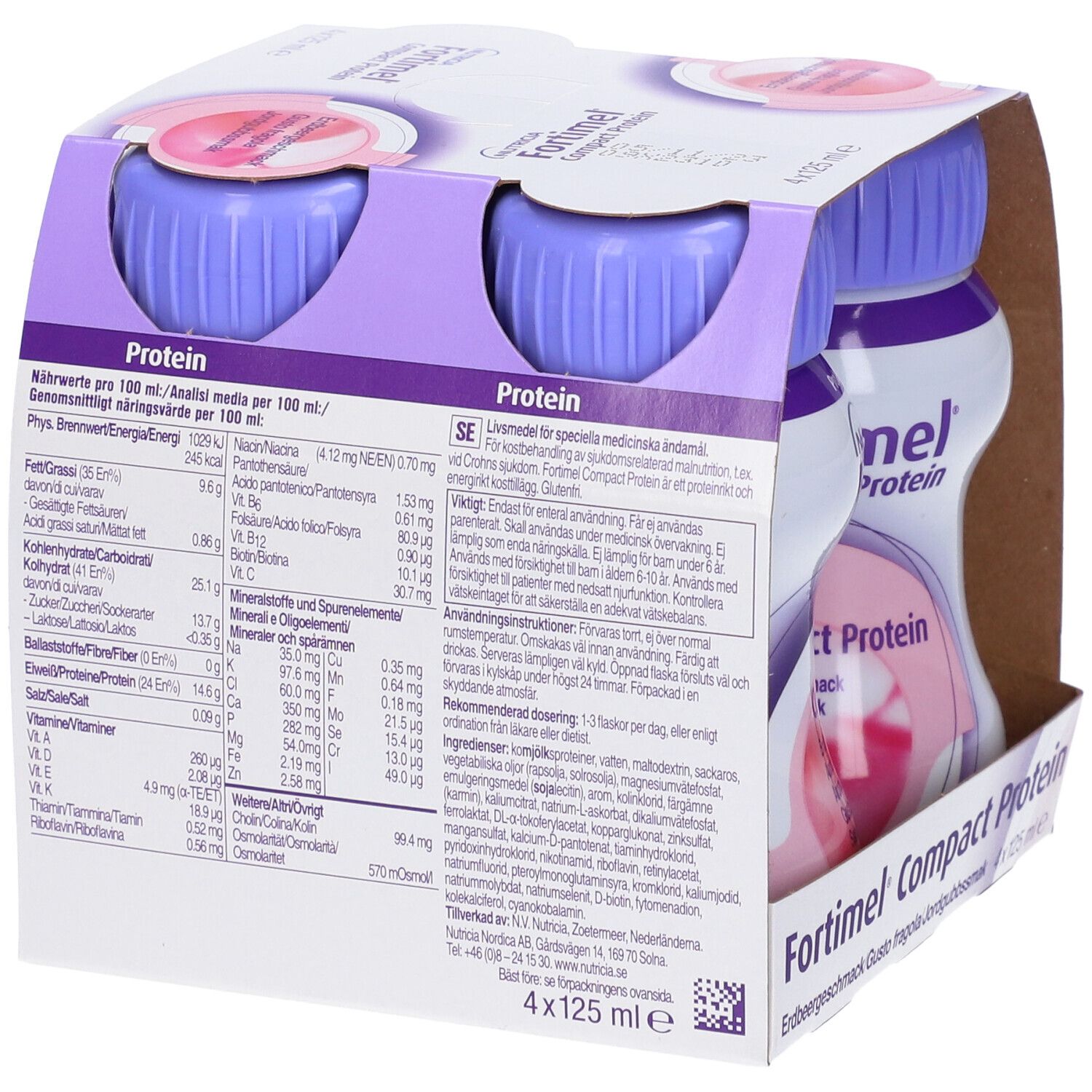 Confezione Fortimel Compact Protein. 4 bottiglie. Tappi viola. Informazioni nutrizionali e sul prodotto sulla confezione.