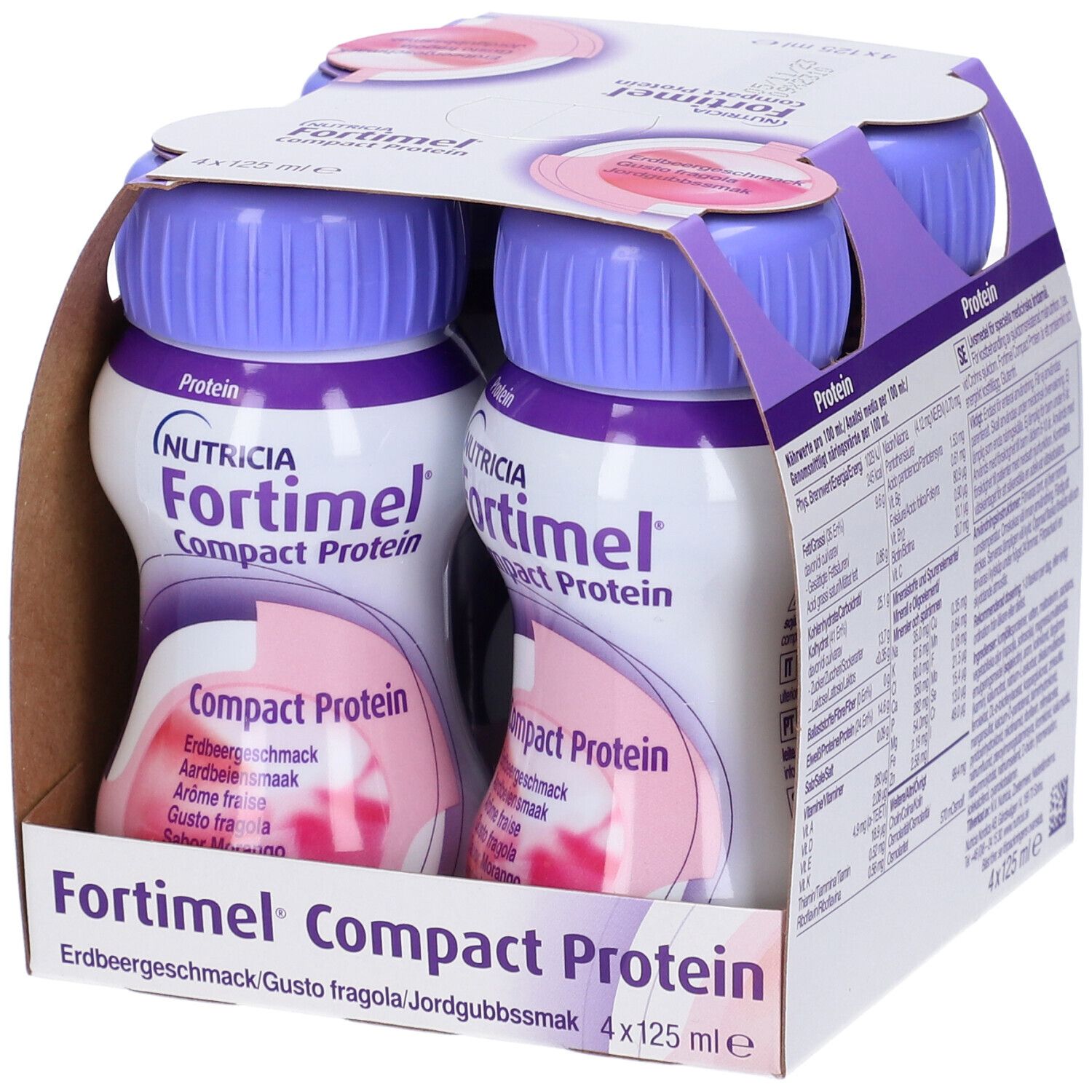 Confezione Fortimel Compact Protein. Gusto fragola. 4 bottiglie. Tappi viola. Informazioni sul prodotto.