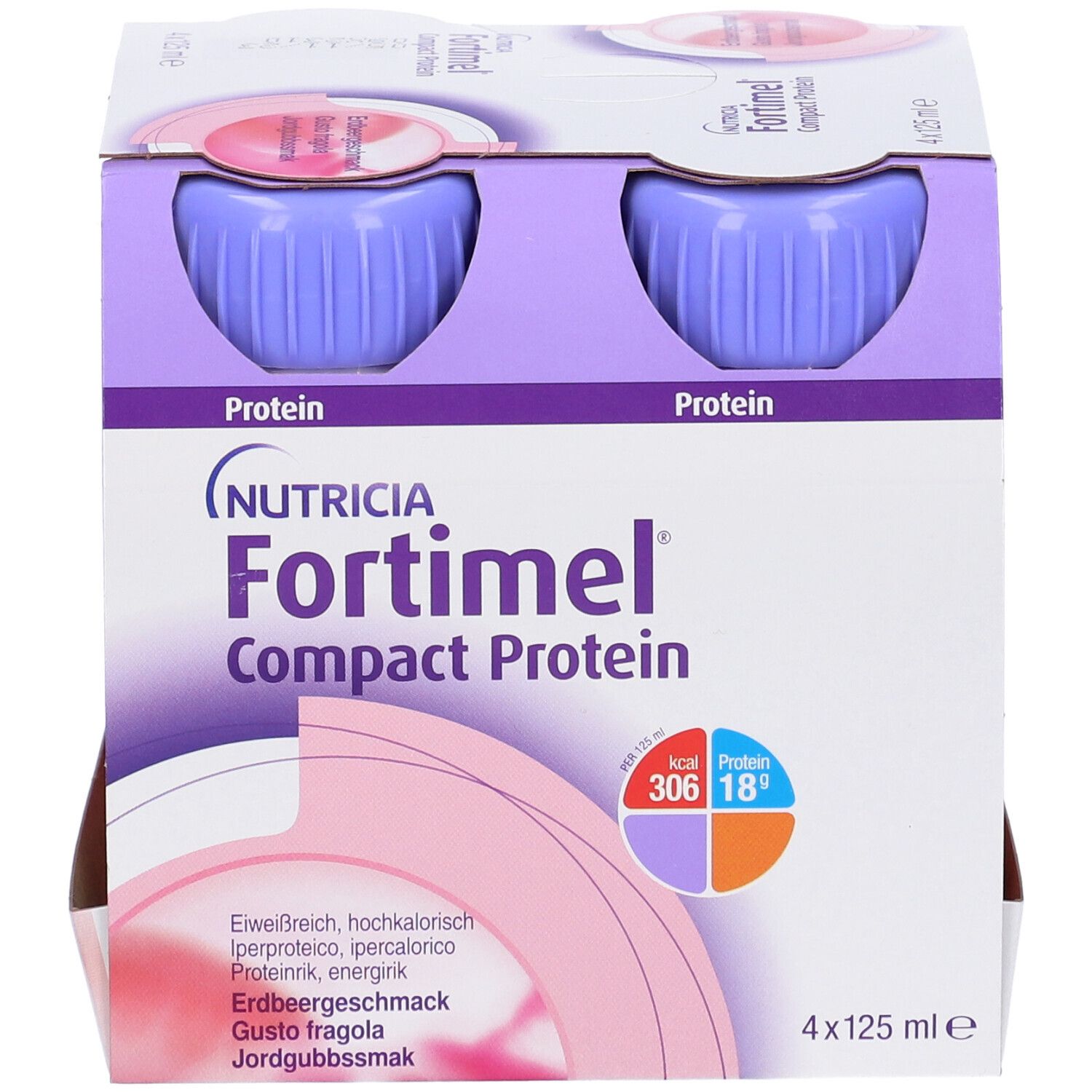Confezione Fortimel Compact Protein. 4 bottiglie. Tappi viola. Informazioni nutrizionali. Codifica a colori dei nutrienti.