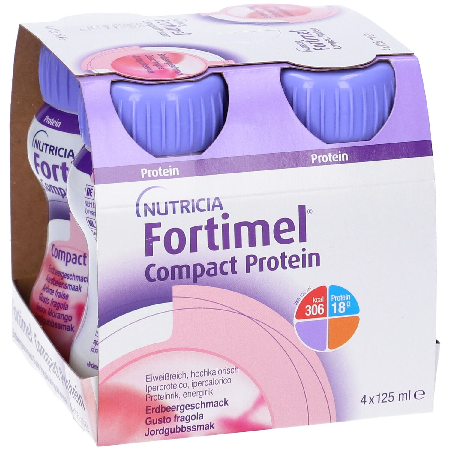 Confezione Fortimel Compact Protein. Gusto fragola. 4 bottiglie. Tappi viola. Informazioni nutrizionali. Codifica a colori.
