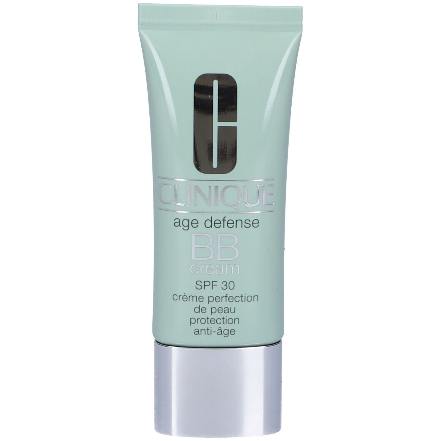 Tubo verde con tappo argentato. Scritta: Clinique Age Defense BB Cream SPF 30.