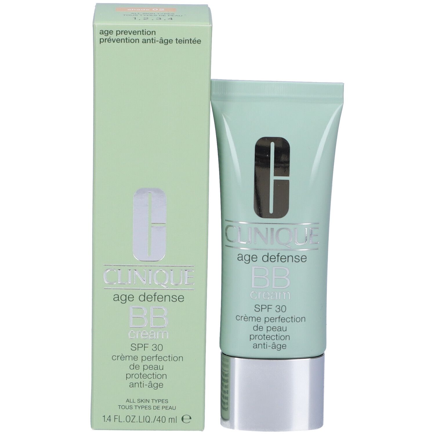 Confezione e tubo verdi. Scritta: Clinique Age Defense BB Cream SPF 30. 14 FL.OZ./40 ml.