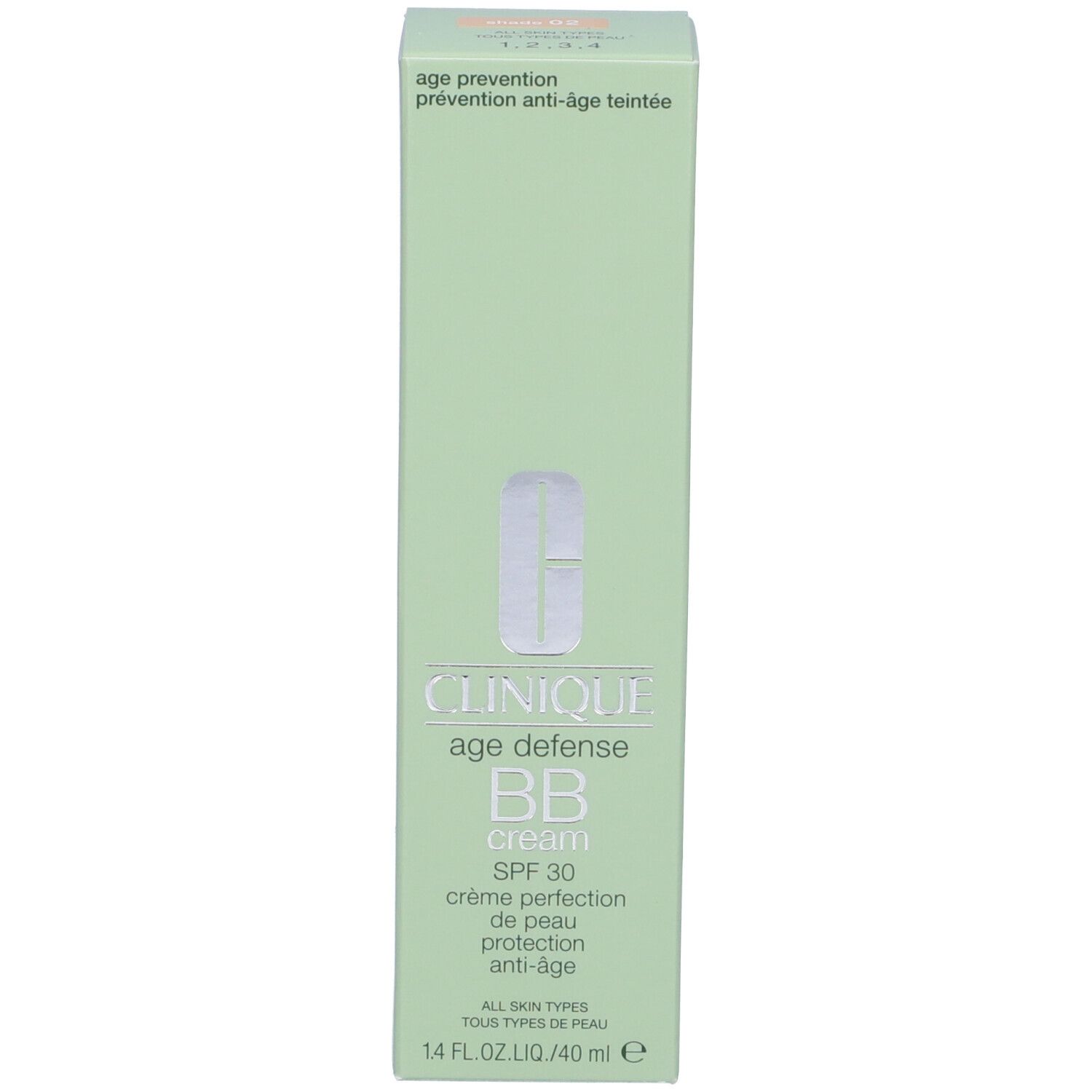 Confezione verde. Scritta: Clinique Age Defense BB Cream SPF 30. 14 FL.OZ./40 ml.