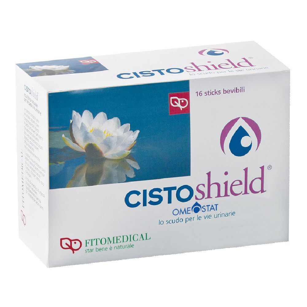 Confezione Cistoshield con 16 stick bevibili. Logo, nome prodotto, ingredienti e logo FitoMedical.