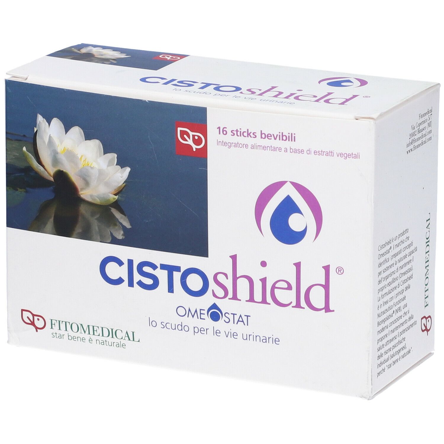 Confezione Cistoshield con 16 stick bevibili. Nome prodotto, logo, ingredienti e logo FitoMedical.