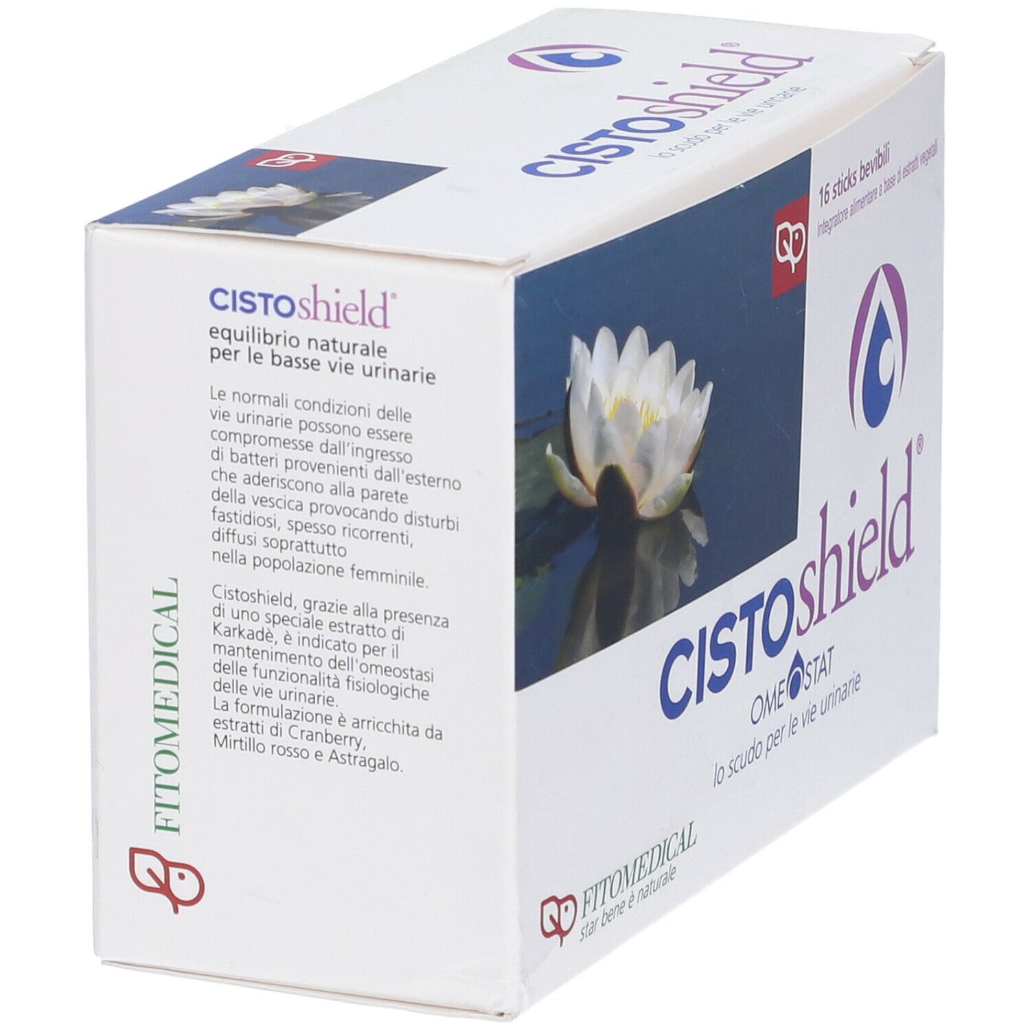 Confezione Cistoshield con 16 stick bevibili. Nome prodotto, logo, ingredienti e logo FitoMedical.