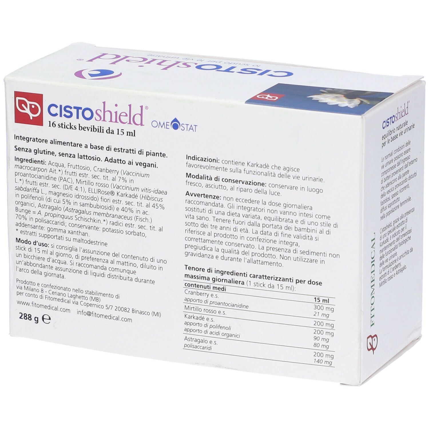 Confezione Cistoshield con 16 stick bevibili. Nome prodotto, logo, ingredienti e logo FitoMedical.
