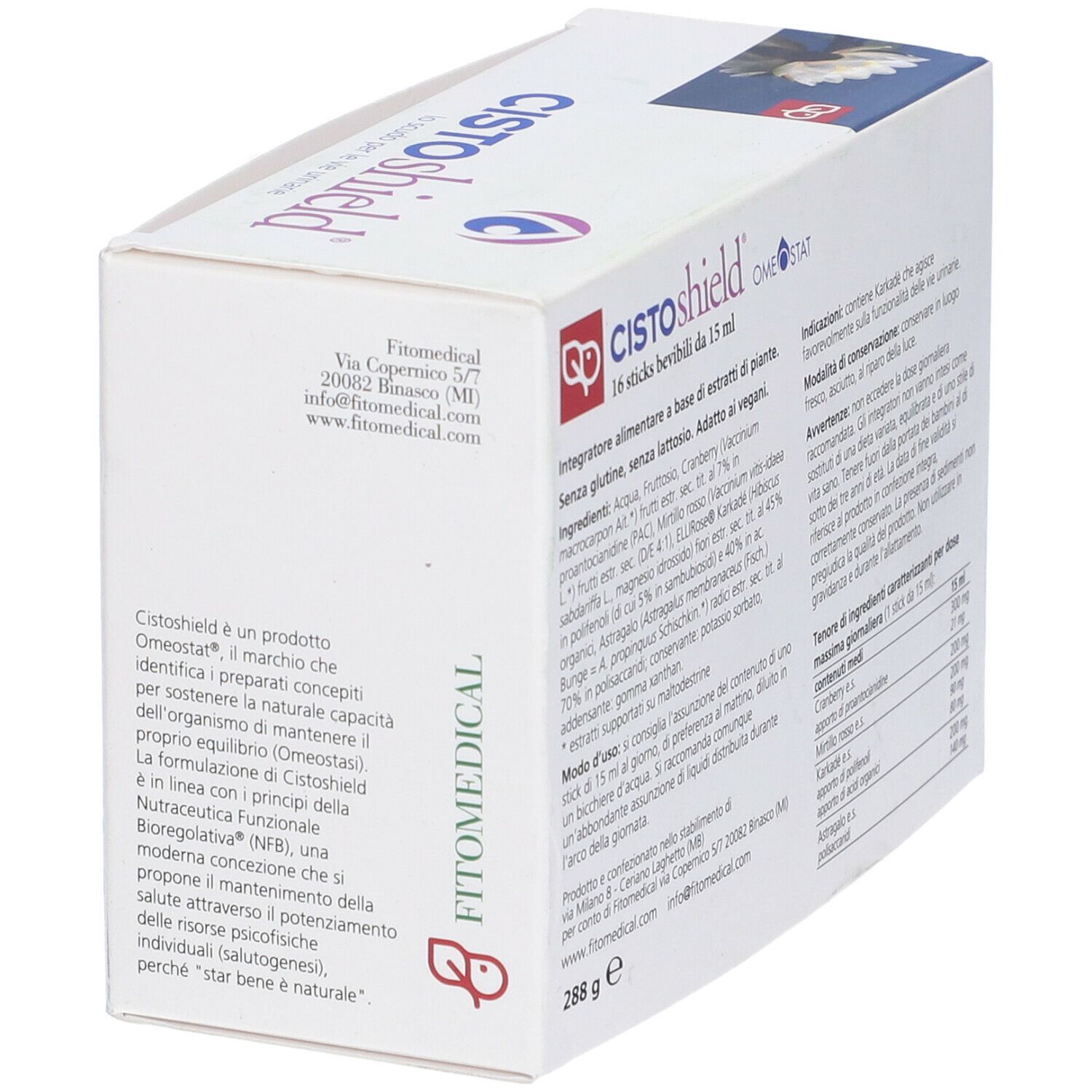 Confezione Cistoshield con 16 stick bevibili. Nome prodotto, logo, ingredienti e logo FitoMedical.