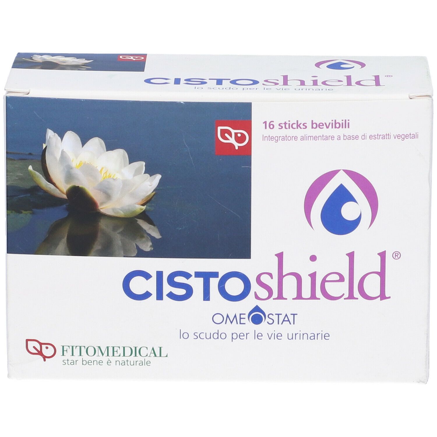 Confezione Cistoshield con 16 stick bevibili. Nome prodotto, logo, ingredienti e logo FitoMedical.
