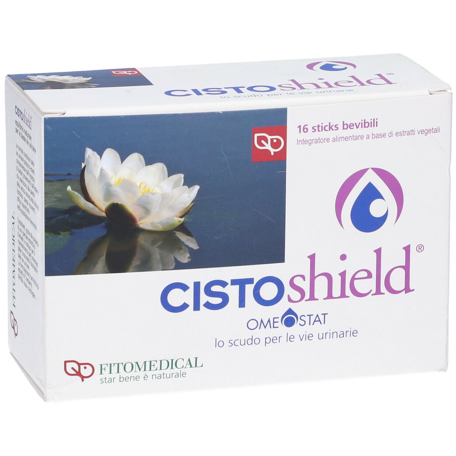 Confezione Cistoshield con 16 stick bevibili. Nome prodotto, logo, ingredienti e logo FitoMedical.