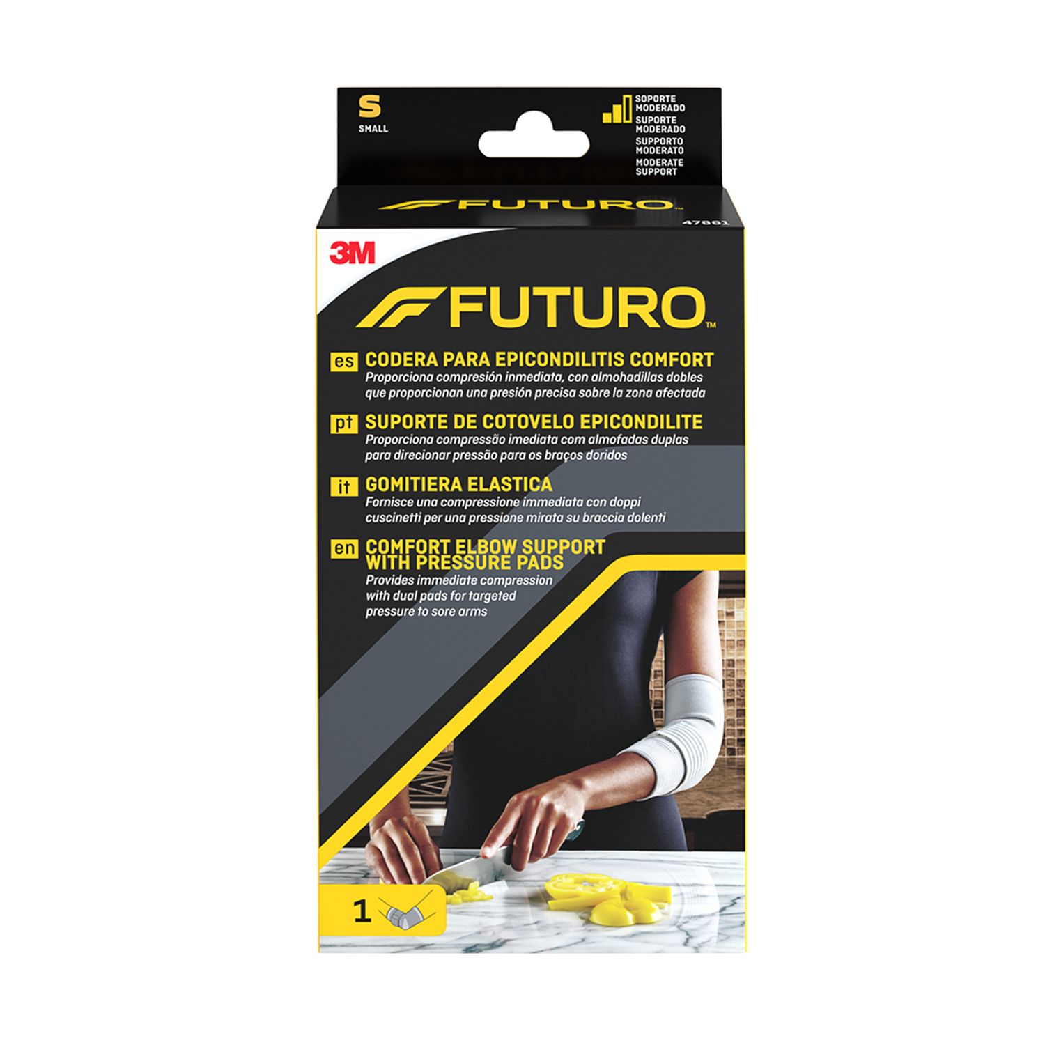 Confezione FUTURO™ Gomitiera elastica S. Contiene una benda. Scritte multilingue.