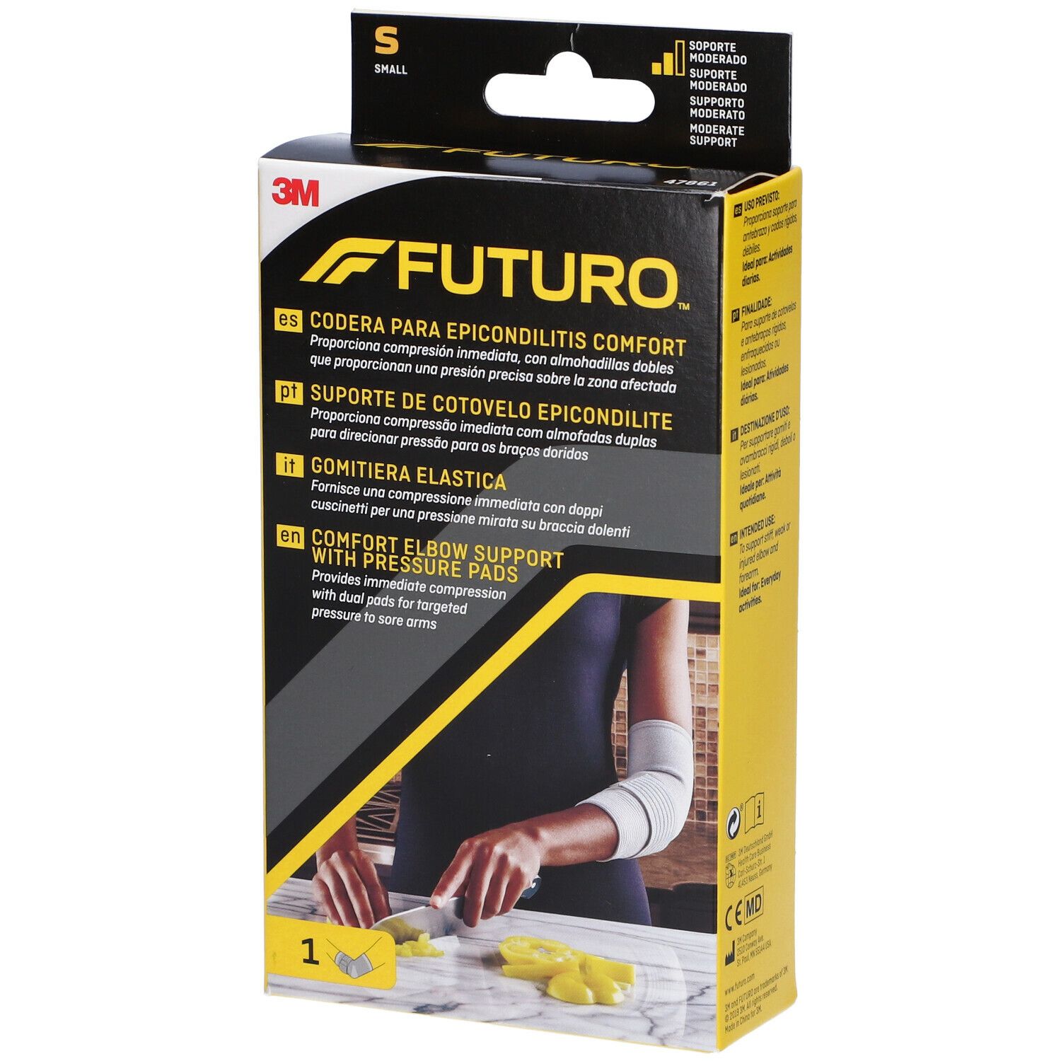 Confezione FUTURO™ Gomitiera elastica S. Contiene una benda. Scritte multilingue.