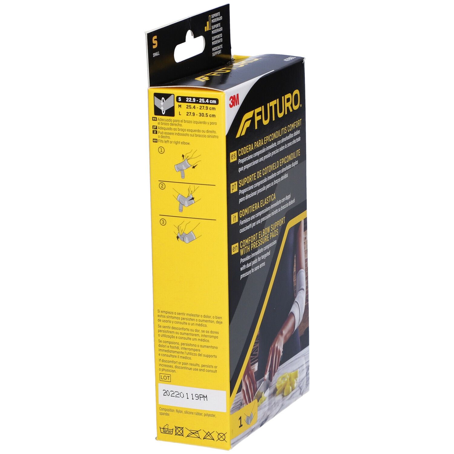 Confezione FUTURO™ Gomitiera elastica S. Contiene una benda. Scritte multilingue.