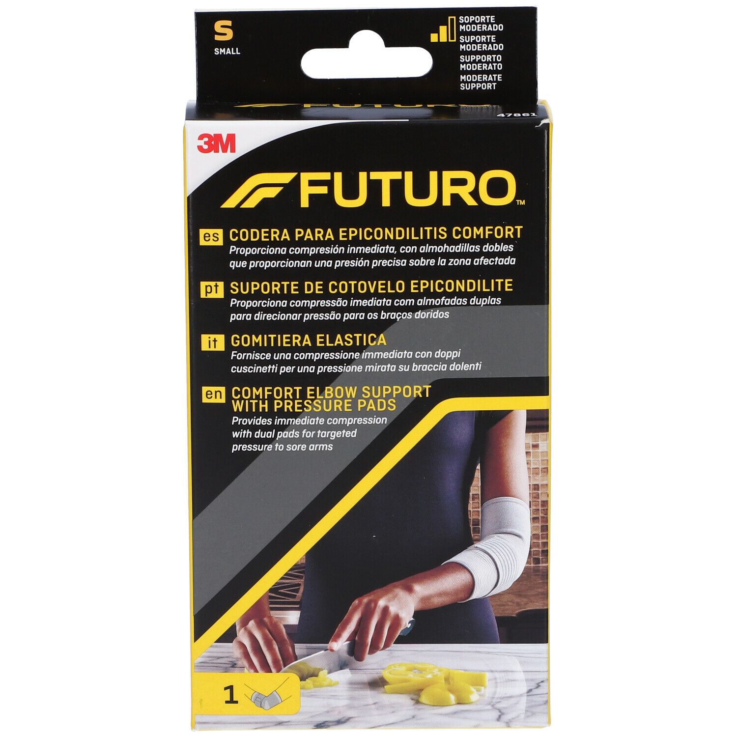 Confezione FUTURO™ Gomitiera elastica S. Contiene una benda. Scritte multilingue.