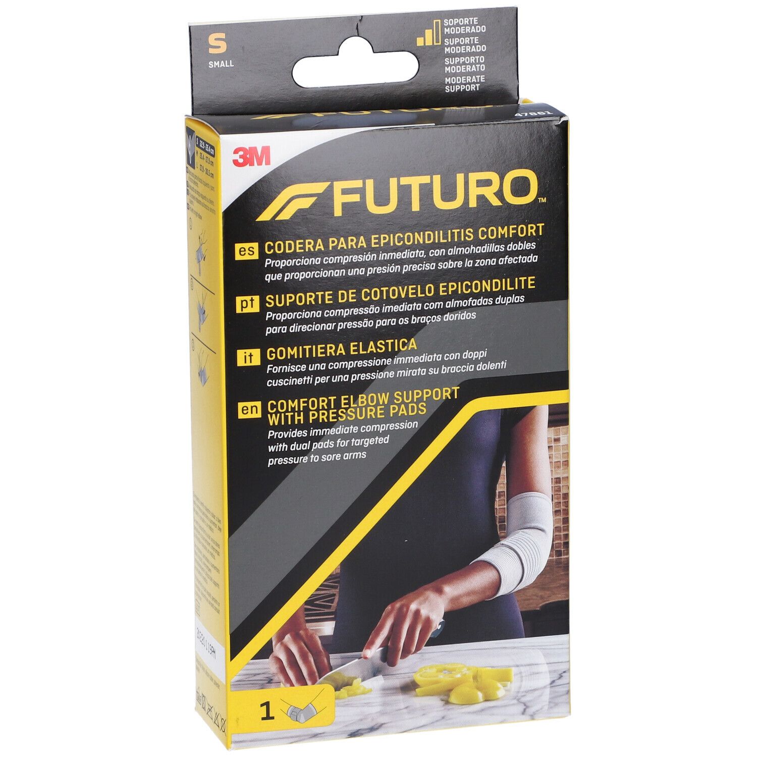 Confezione FUTURO™ Gomitiera elastica S. Contiene una benda. Scritte multilingue.