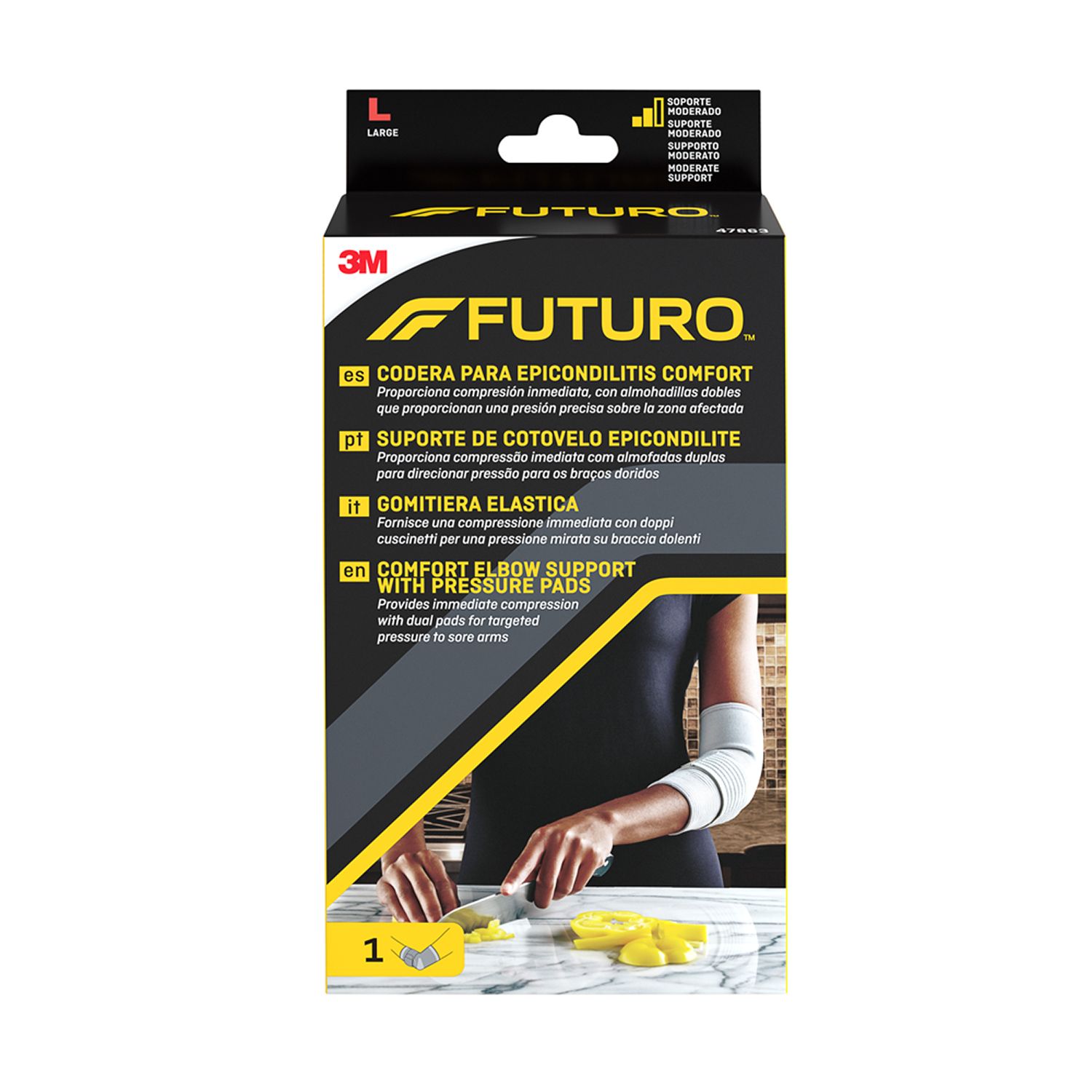 Confezione FUTURO™ Gomitiera elastica L. Logo e nome del prodotto visibili. Taglia L. Contiene un tutore per gomito.