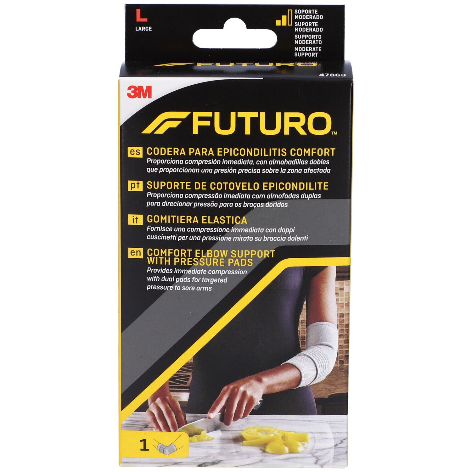 Confezione FUTURO™ Gomitiera elastica L. Logo e nome del prodotto visibili. Taglia L. Contiene un tutore per gomito.