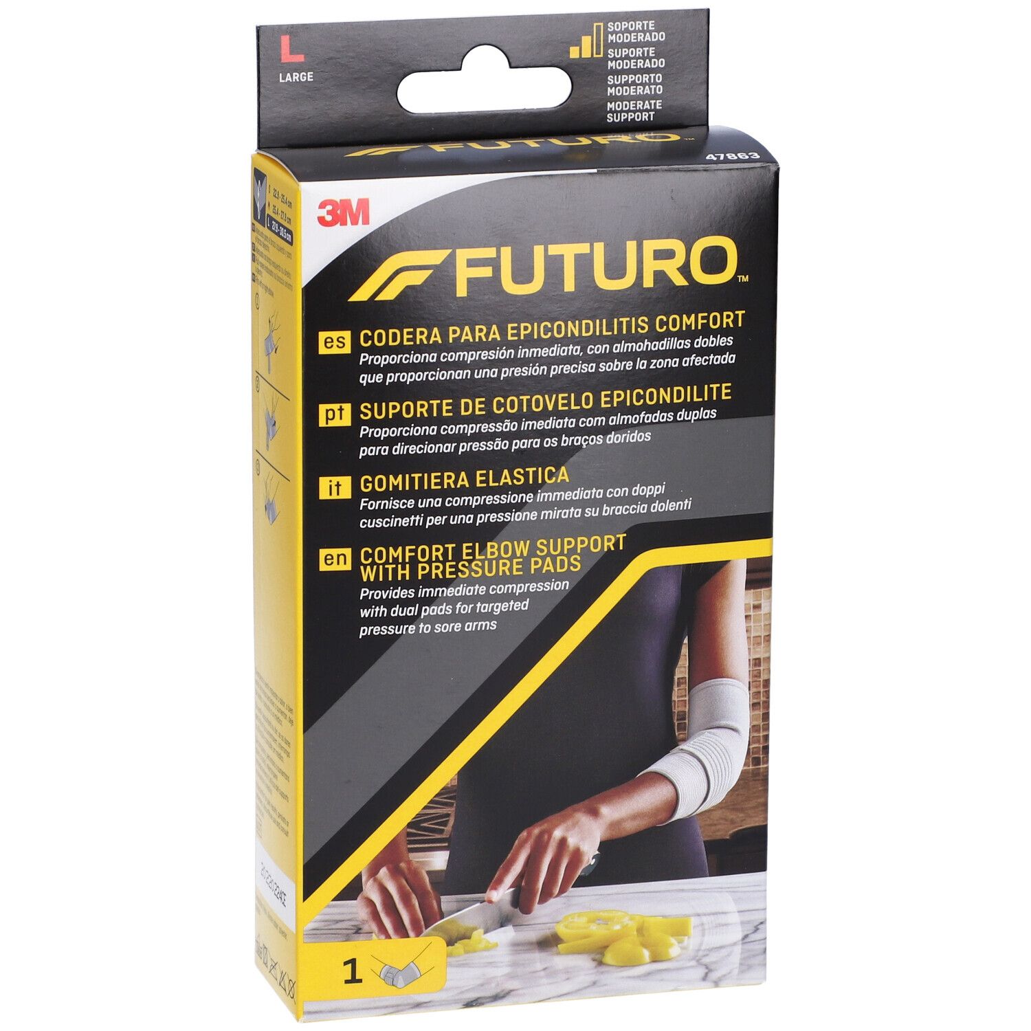 Confezione FUTURO™ Gomitiera elastica L. Logo e nome del prodotto visibili. Taglia L. Contiene un tutore per gomito.