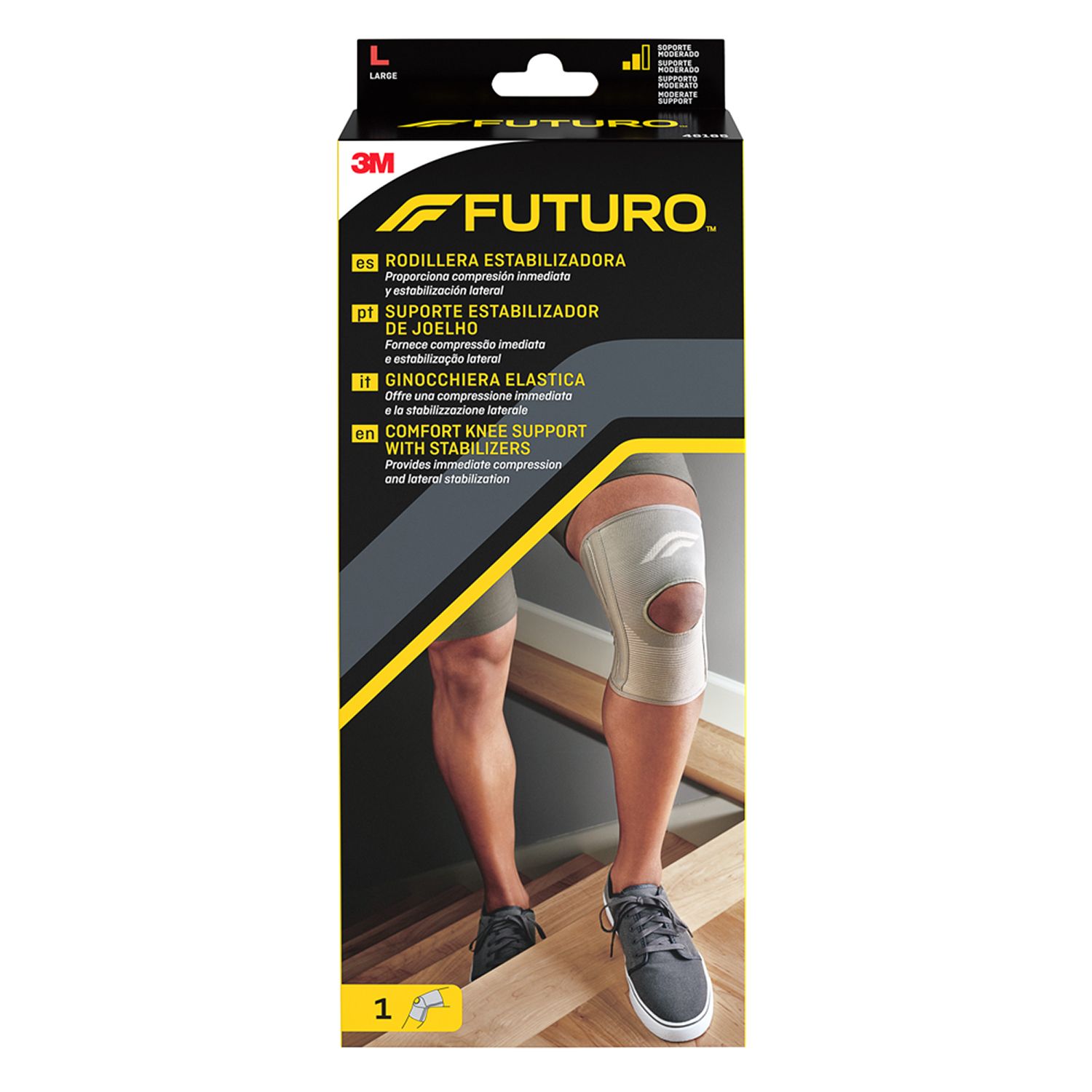 Ginocchiera elastica FUTURO™ L, beige. Immagine di una gamba con ginocchiera sulla confezione. Taglia L.