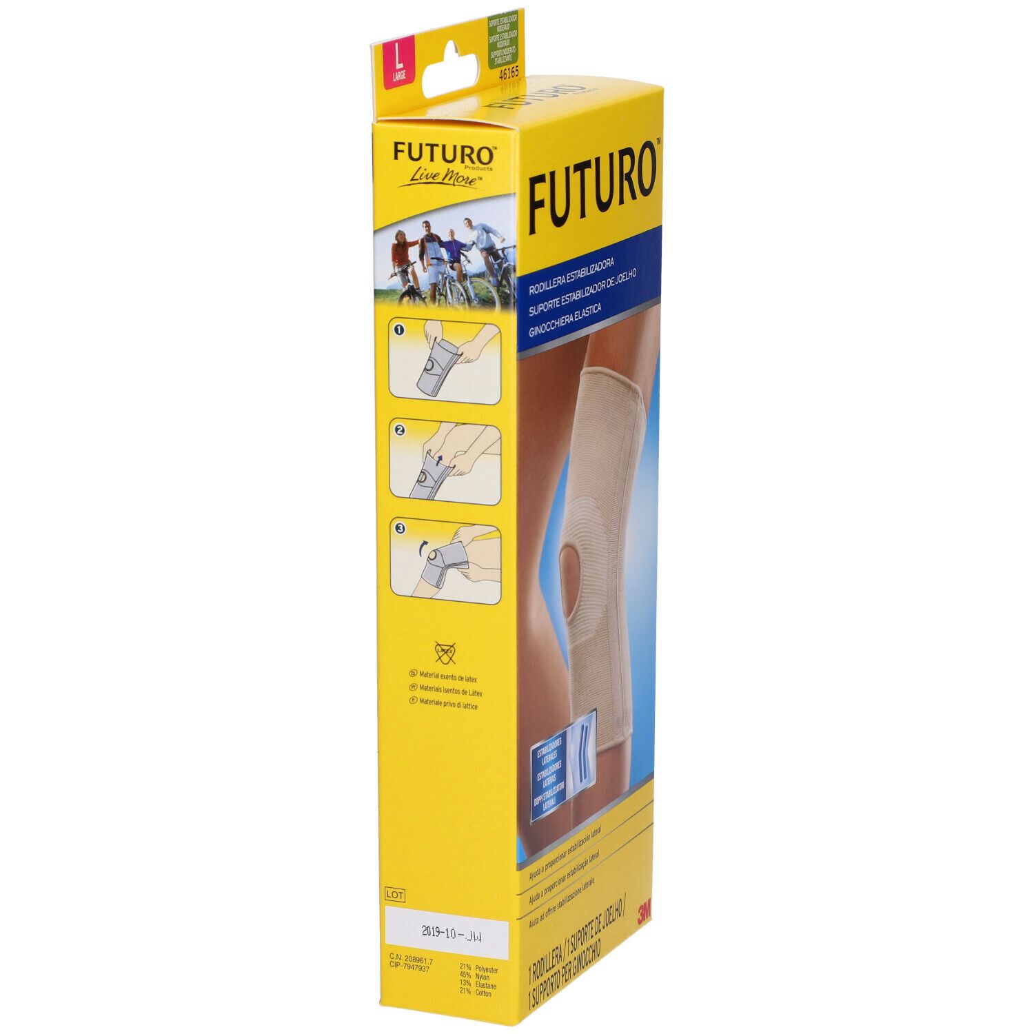 Ginocchiera elastica FUTURO™ L, beige. Confezione con immagine del prodotto ed esempi di utilizzo. Taglia L.