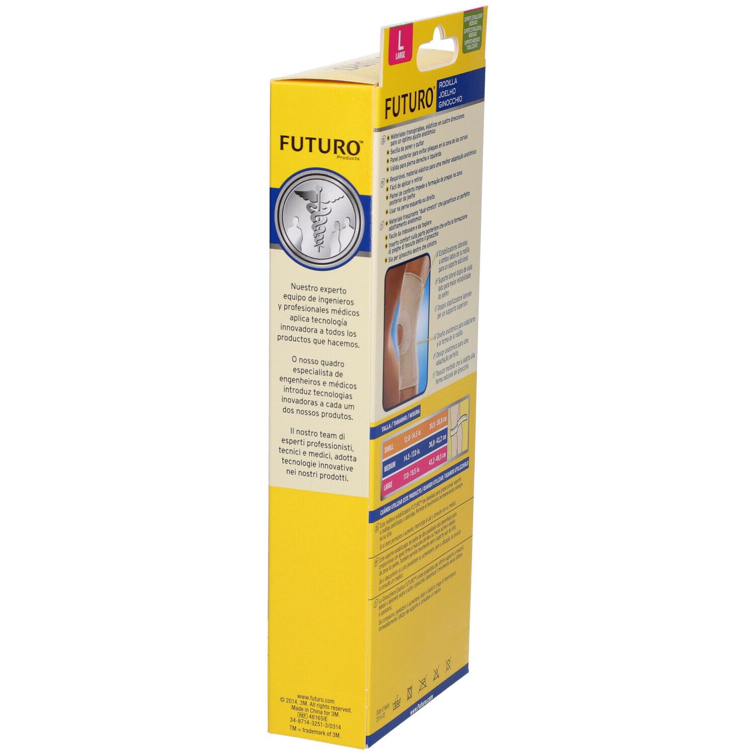 Ginocchiera elastica FUTURO™ L, beige. Vista laterale della confezione con informazioni sul prodotto. Taglia L.
