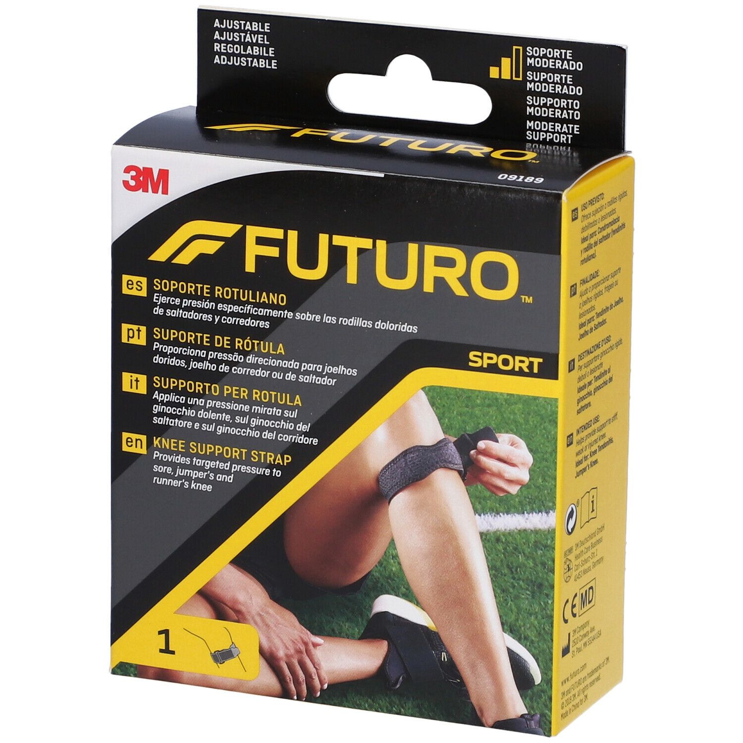 Confezione FUTURO™ Supporto per rotula Sport. Supporto nero sul ginocchio di una persona, con informazioni.