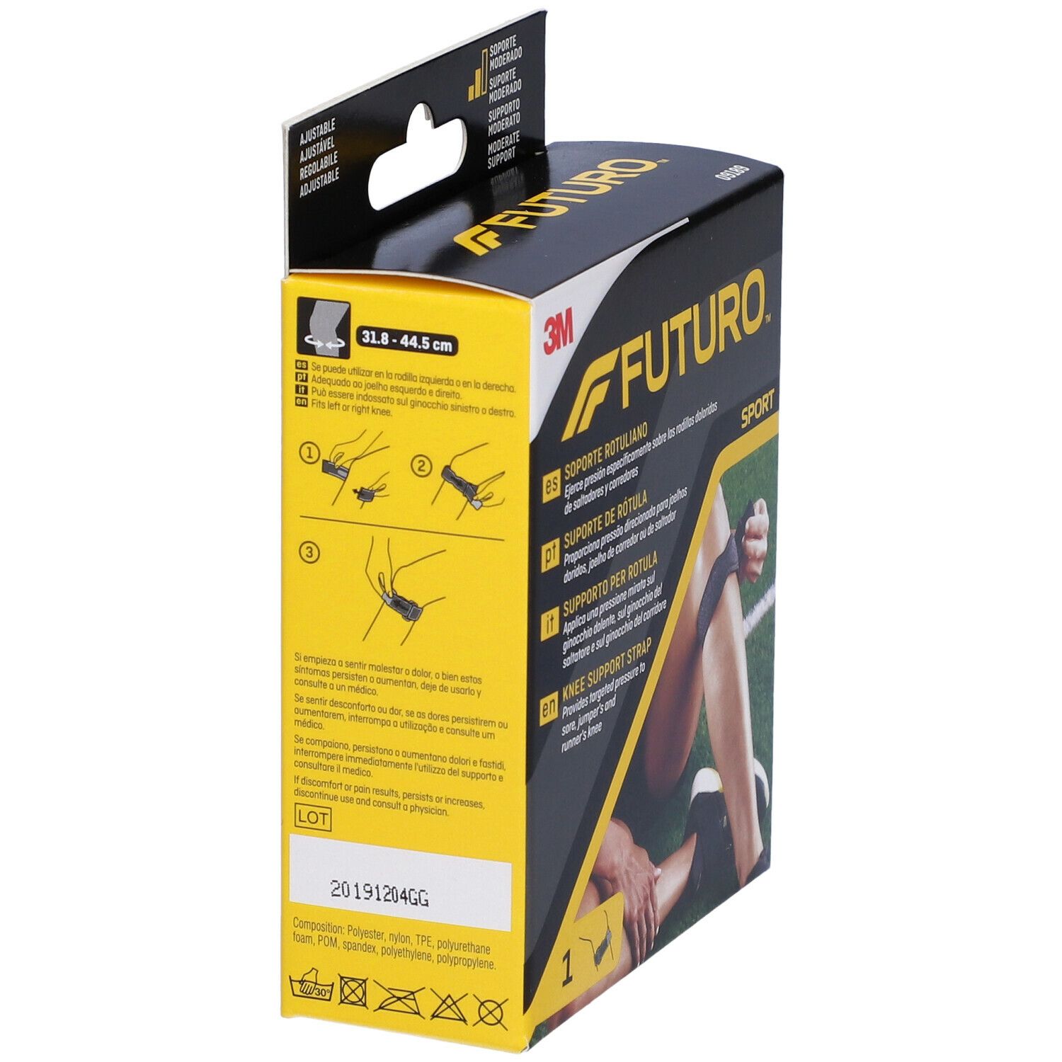 Retro della confezione FUTURO™ Supporto per rotula Sport. Informazioni, illustrazioni e indicazioni taglia.