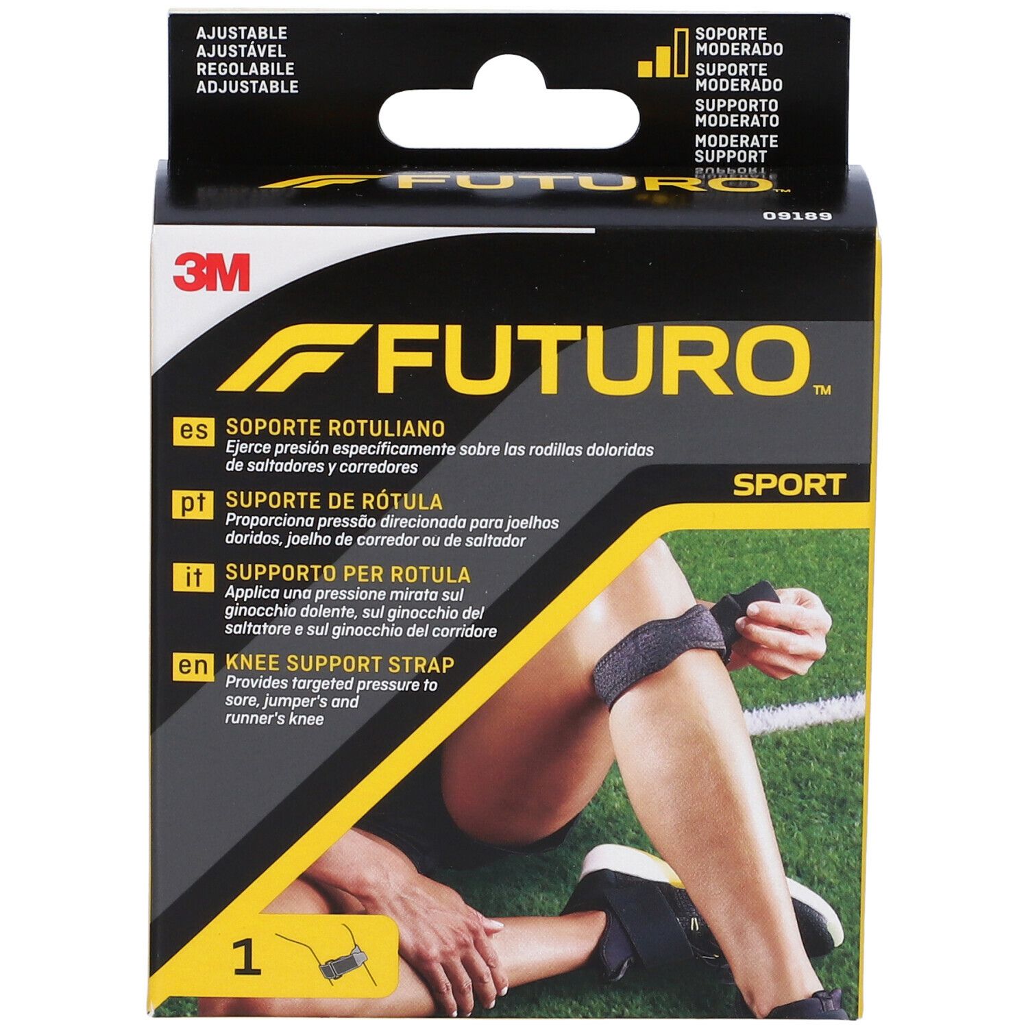 Confezione FUTURO™ Supporto per rotula Sport. Supporto nero sul ginocchio di una persona, con informazioni.
