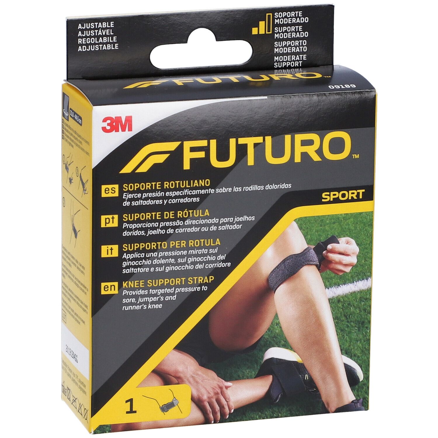 Confezione FUTURO™ Supporto per rotula Sport. Supporto nero sul ginocchio di una persona, con informazioni.