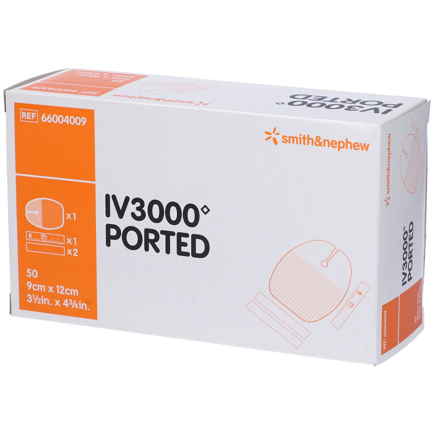 Scatola IV3000 Ported. Contiene 50 pezzi, 9cm x 12cm. Marchio Smith & Nephew.