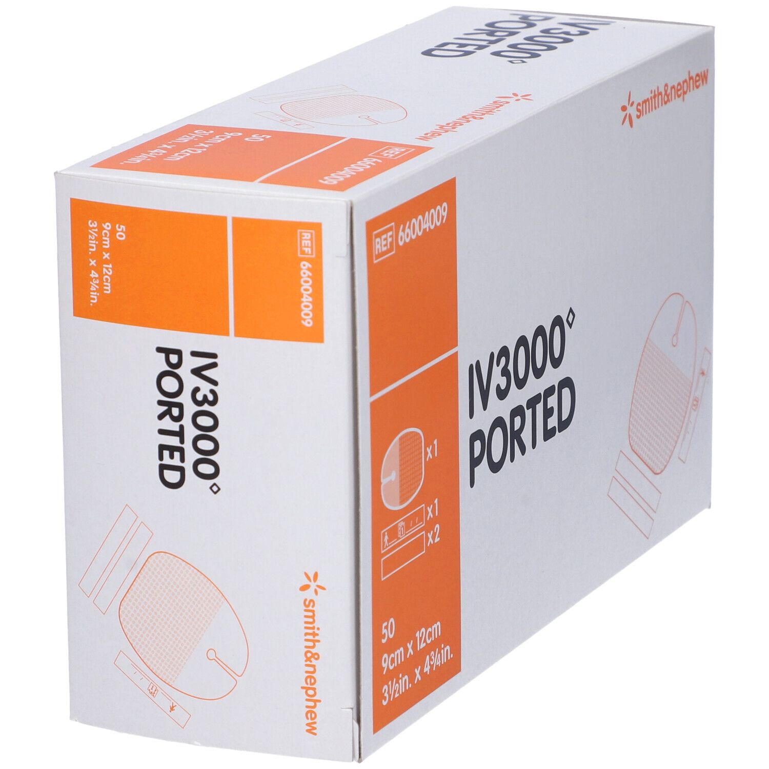 Scatola IV3000 Ported. Contiene 50 pezzi, 9cm x 12cm. Marchio Smith & Nephew.