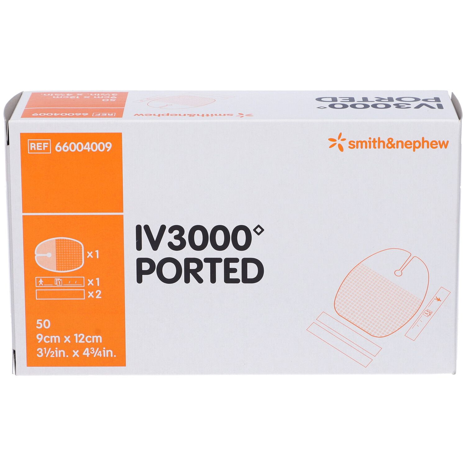 Scatola IV3000 Ported. Contiene 50 pezzi, 9cm x 12cm. Marchio Smith & Nephew.