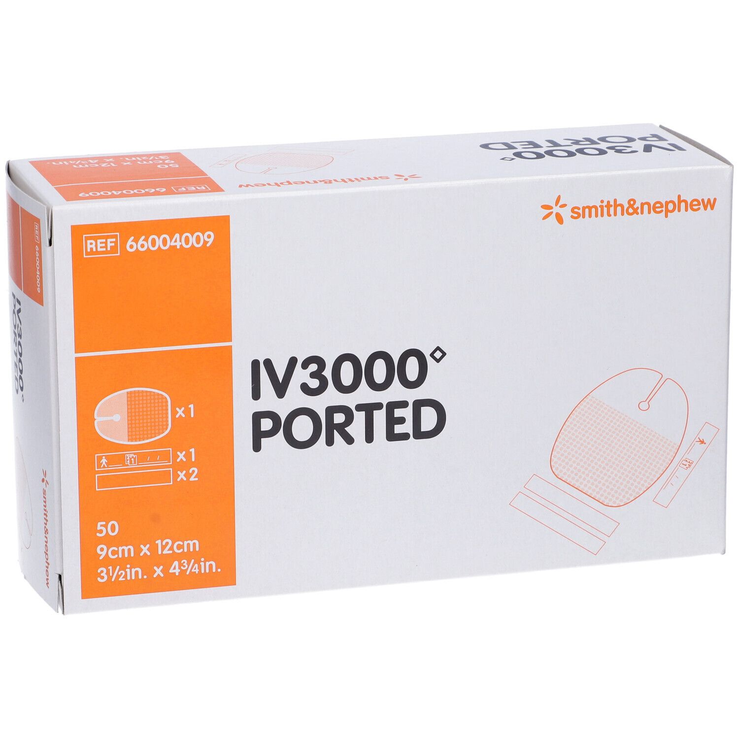 Scatola IV3000 Ported. Contiene 50 pezzi, 9cm x 12cm. Marchio Smith & Nephew.