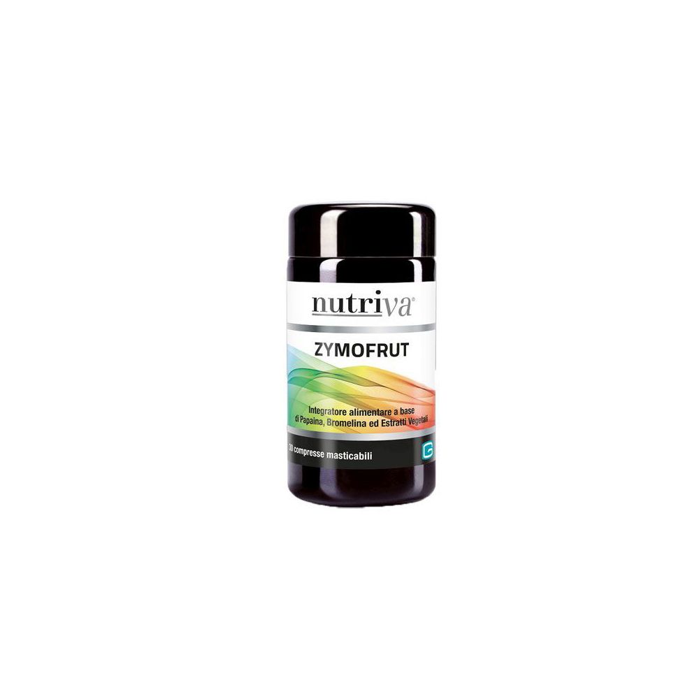 Barattolo nero con etichetta bianca. Scritta: Nutriva, Zymofrut. Striscia colorata. 30 compresse masticabili.