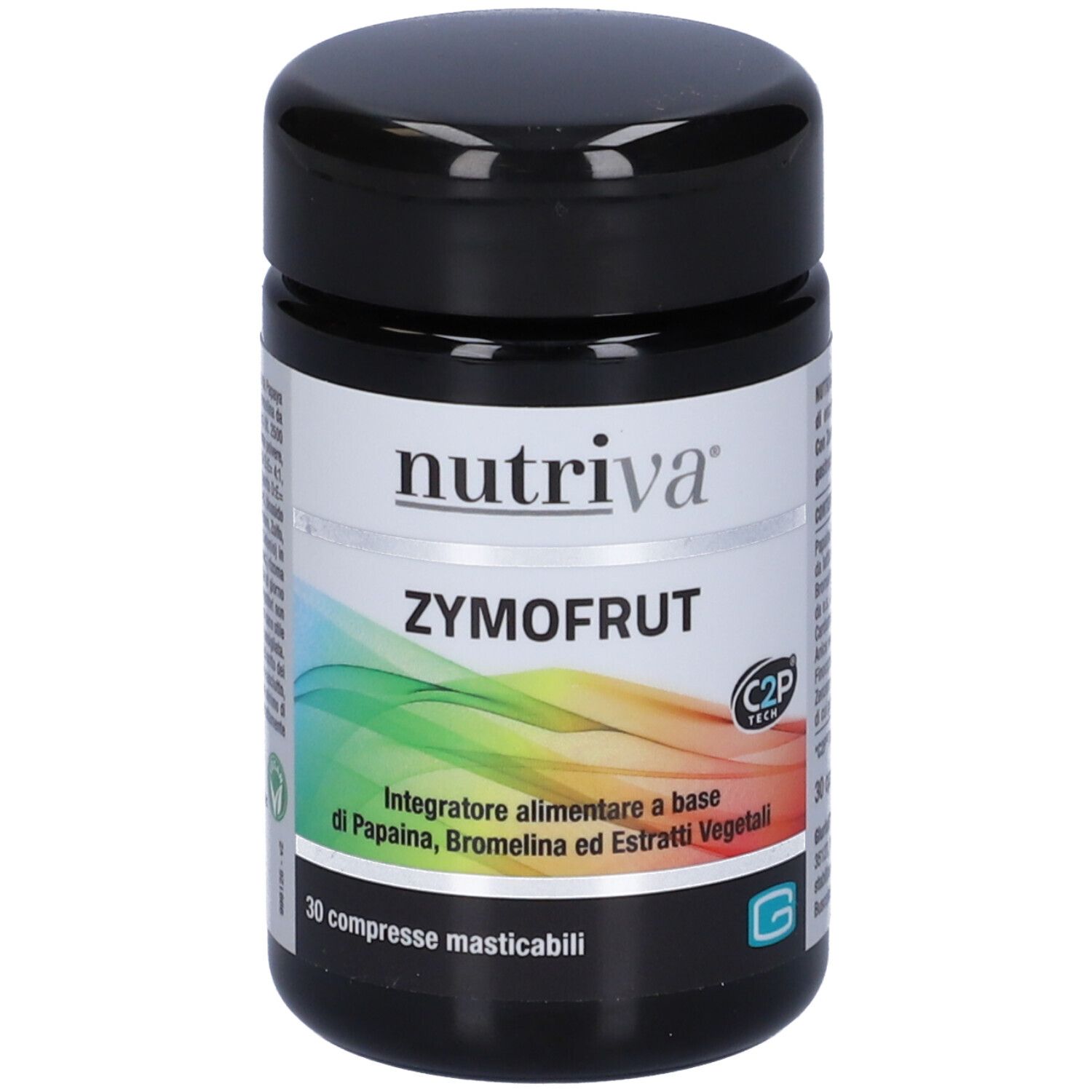 Barattolo nero con etichetta bianca. Scritta: Nutriva, Zymofrut. 30 compresse masticabili. Logo C2P Tech.