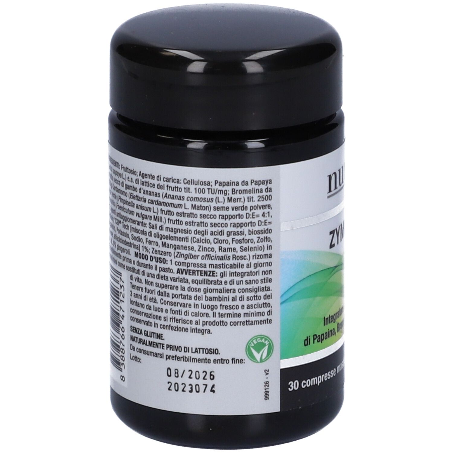 Barattolo nero con etichetta bianca. Scritta: Nutriva, Zymofrut. Elenco ingredienti, logo vegano, TMC.