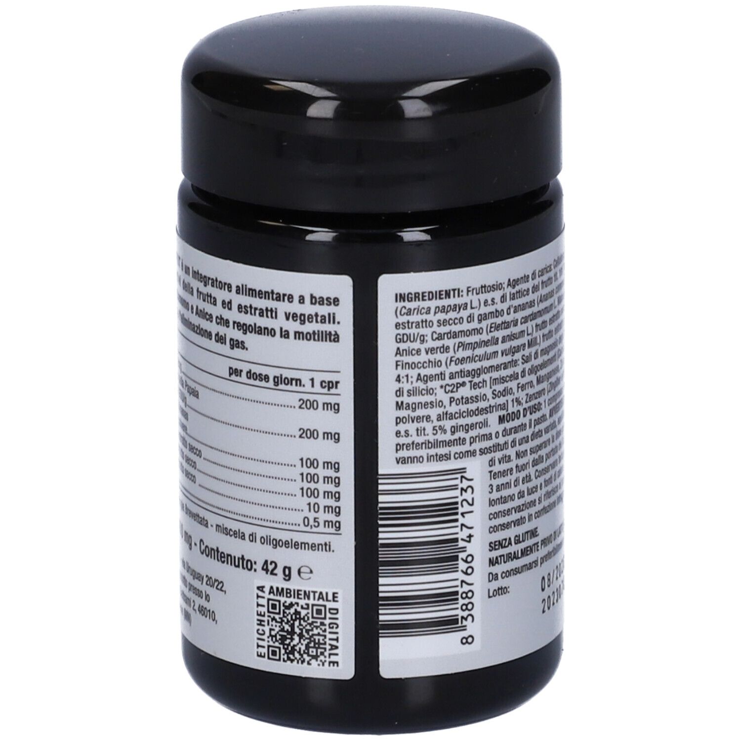 Barattolo nero con etichetta bianca. Scritta: Nutriva, Zymofrut. Informazioni nutrizionali. Codice QR.