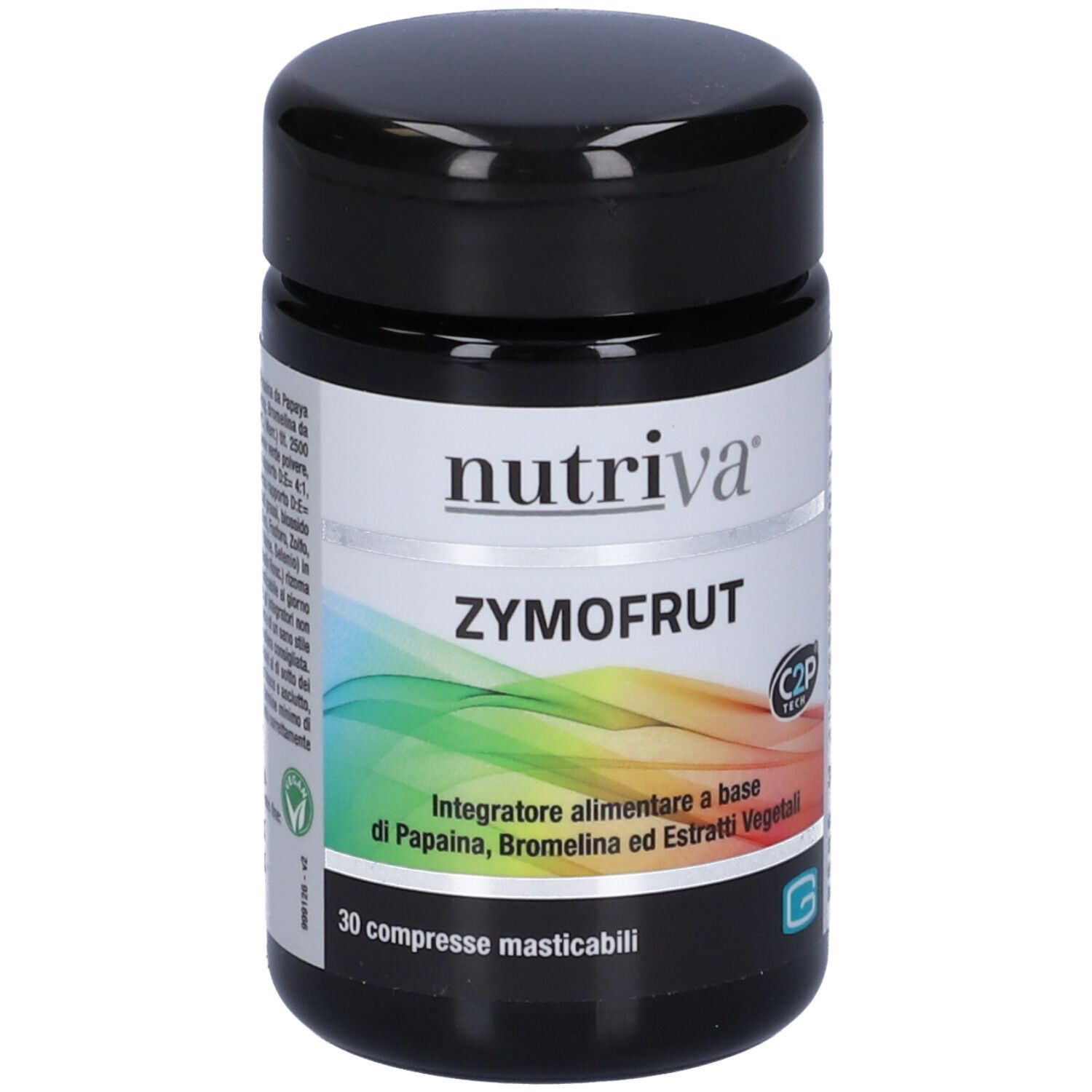 Barattolo nero con etichetta bianca. Scritta: Nutriva, Zymofrut. 30 compresse masticabili. Logo C2P Tech.