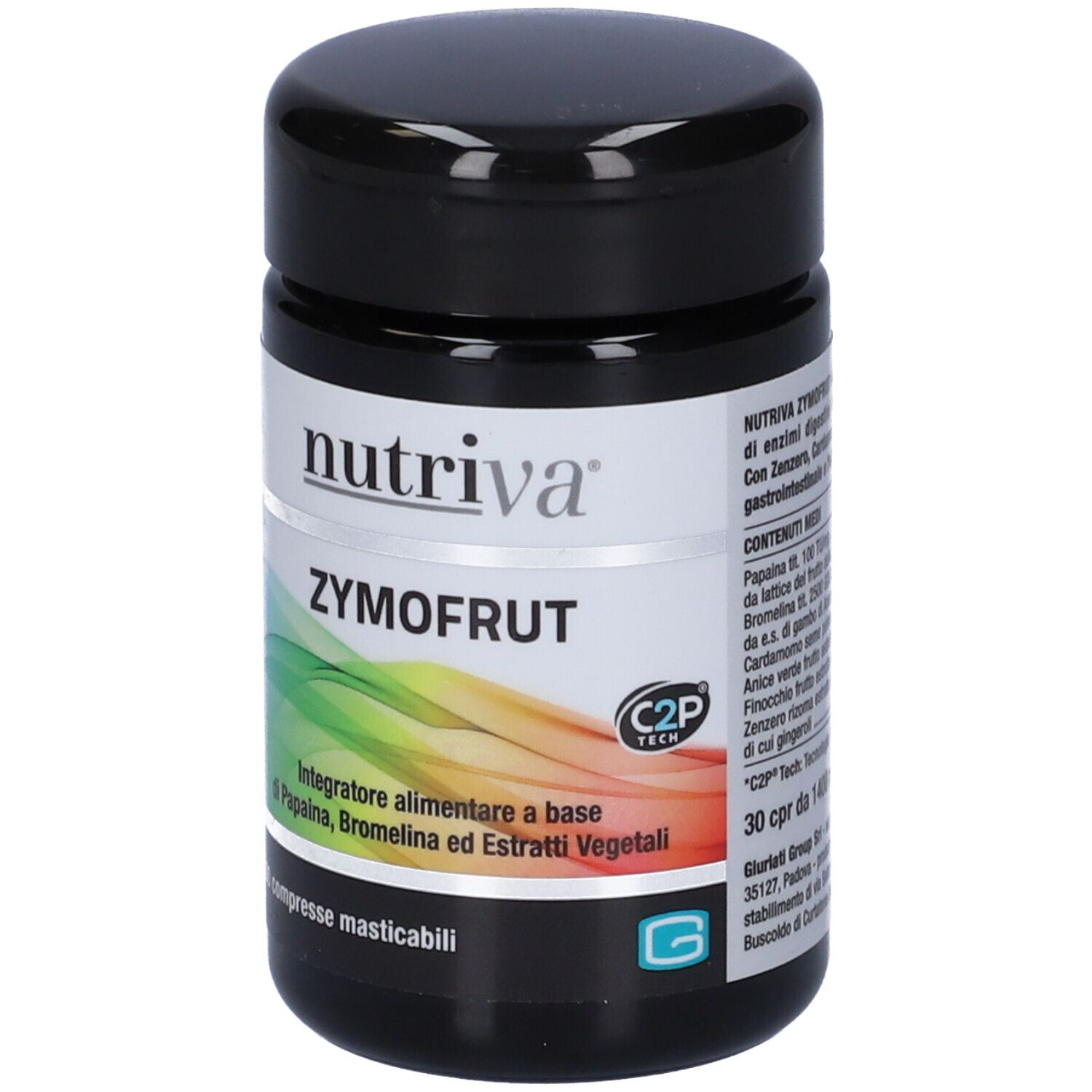Barattolo nero con etichetta bianca. Scritta: Nutriva, Zymofrut. 30 compresse masticabili. Logo C2P Tech.