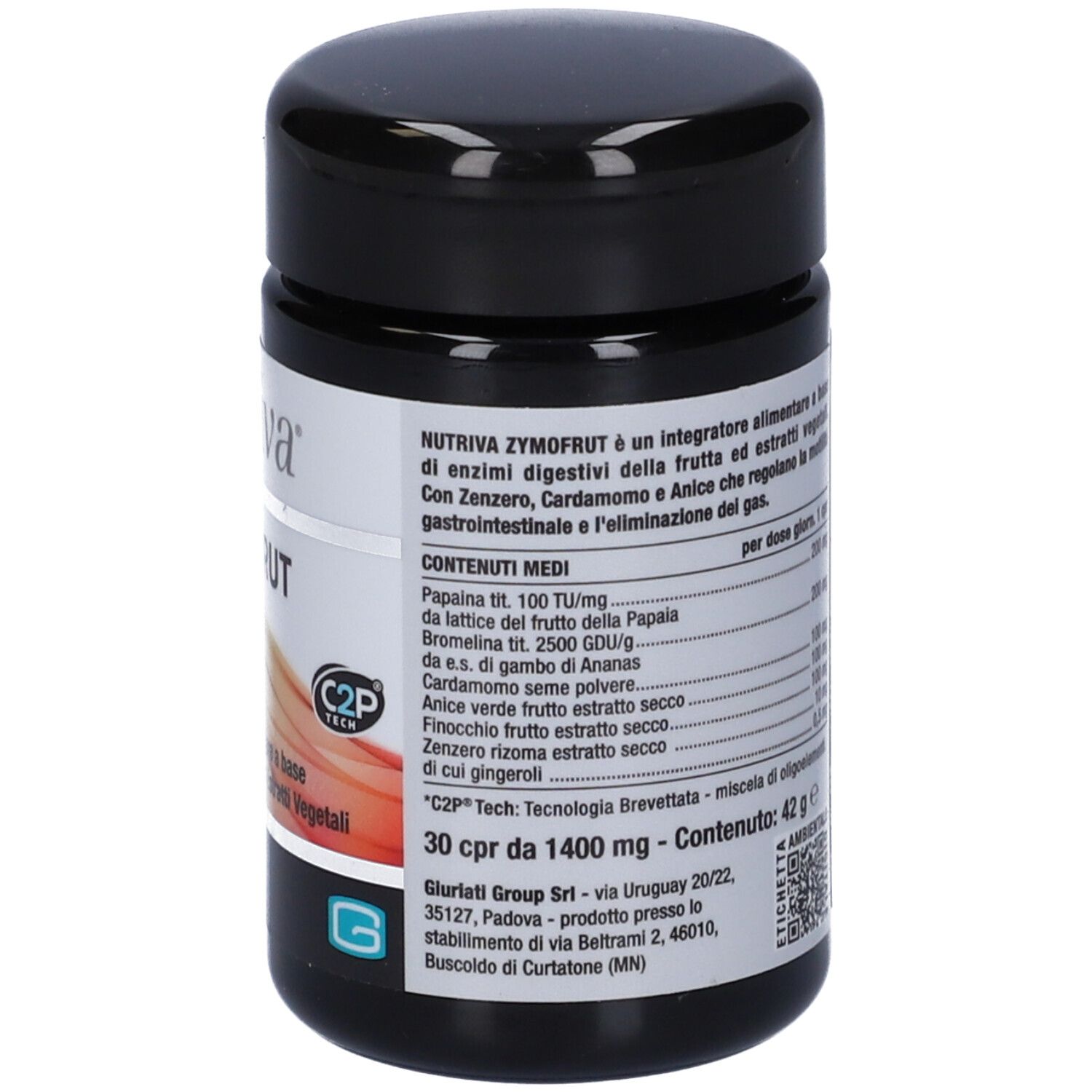Barattolo nero con etichetta bianca. Scritta: Nutriva, Zymofrut. Elenco ingredienti, 30 compresse masticabili. C2P Tech.