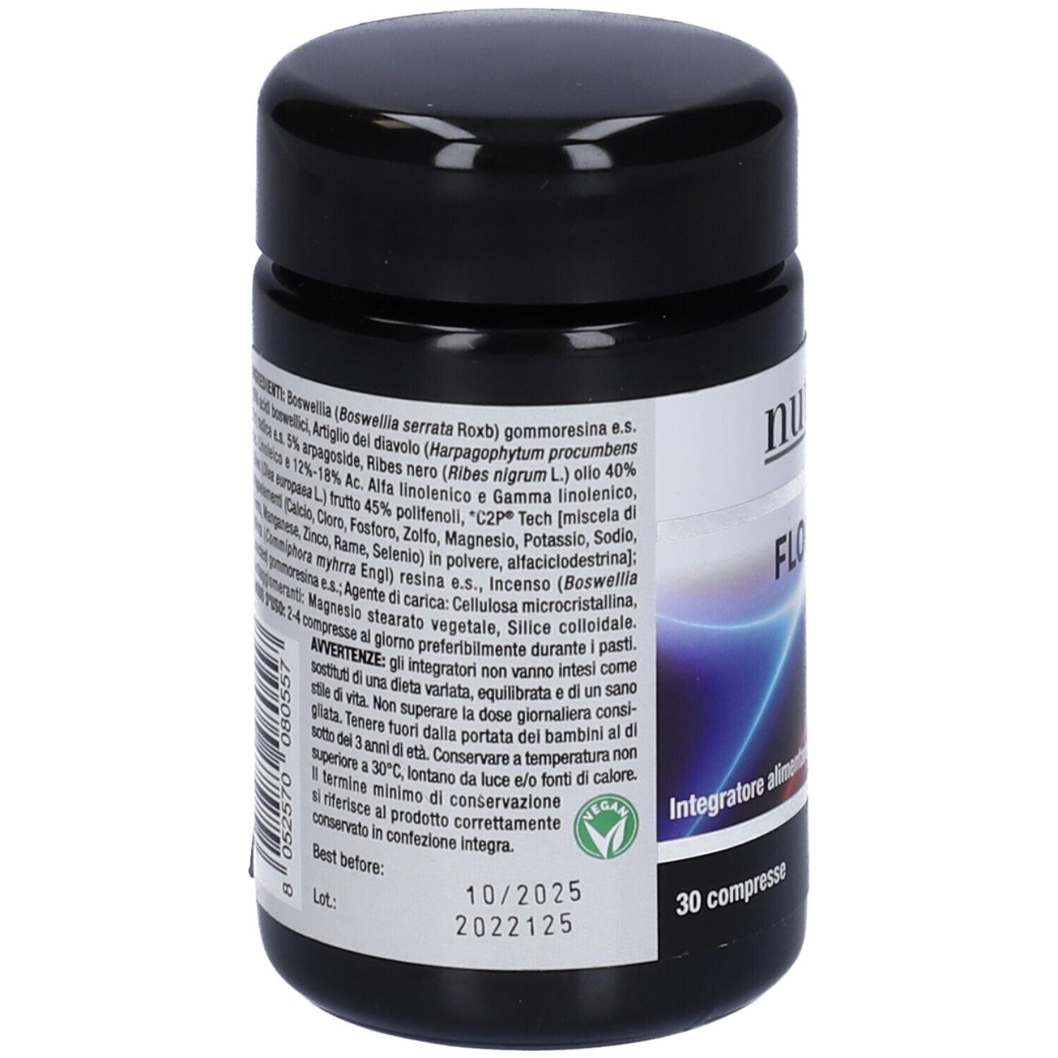 Barattolo nero con elenco ingredienti. Scritta: Nutriva, Flogoval, 30 compresse. Sigillo vegano.