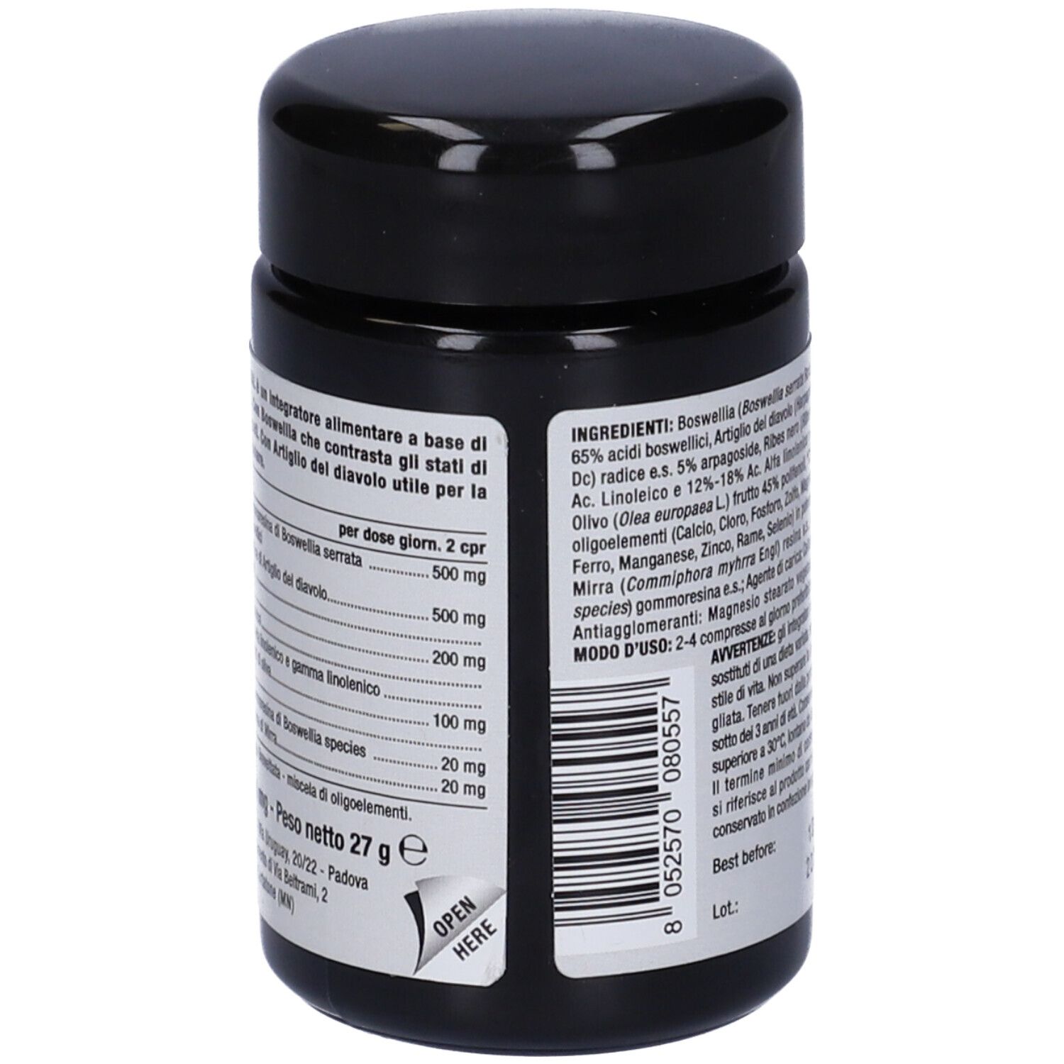 Barattolo nero con elenco ingredienti e dosaggio. Scritta: Nutriva, Flogoval. Peso 27g.