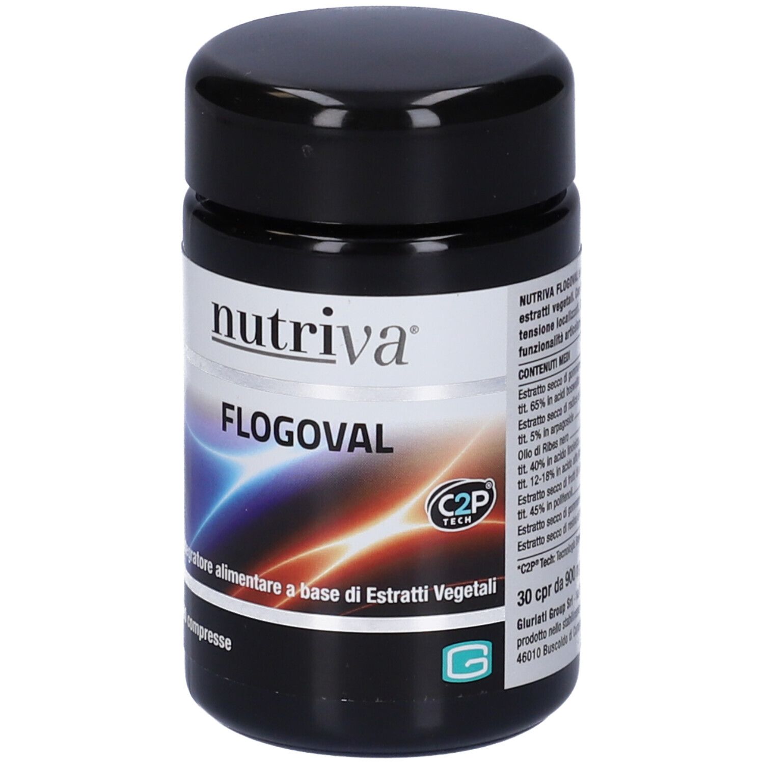 Barattolo nero con etichetta bianca. Scritta: Nutriva, Flogoval, 30 compresse. Logo C2P Tech.
