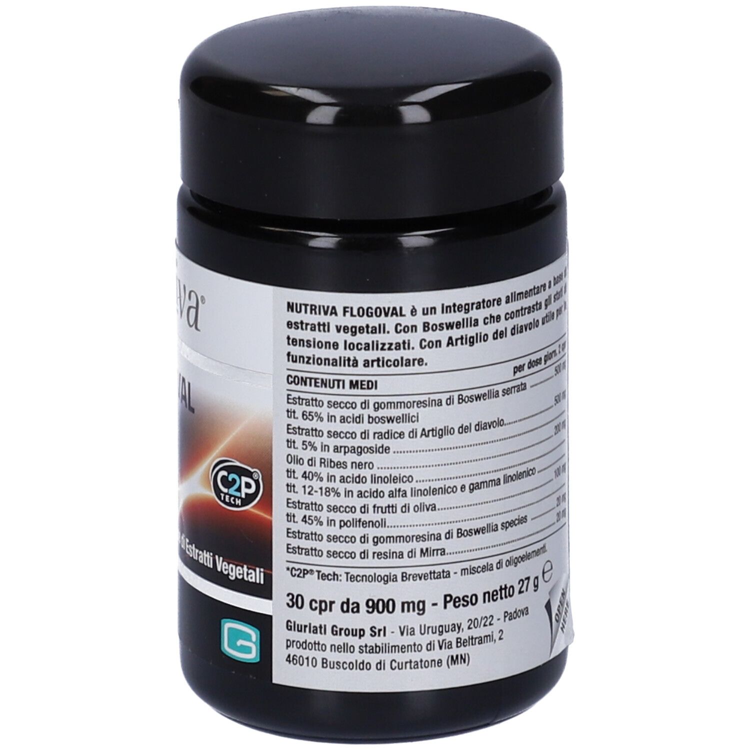 Barattolo nero con elenco ingredienti. Scritta: Nutriva, Flogoval, 30 compresse. Logo C2P Tech.