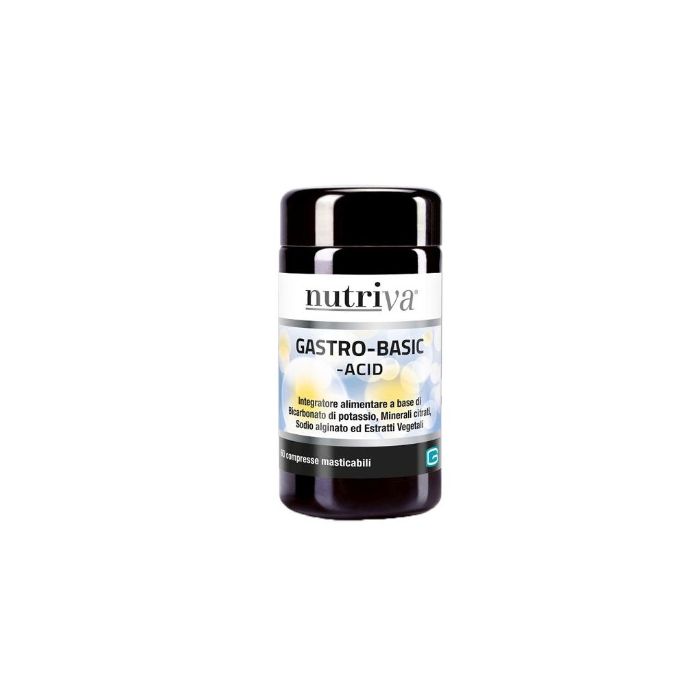 Barattolo nero con etichetta bianca. Scritta: Nutriva, GASTRO-BASIC -ACID. Contiene compresse masticabili.
