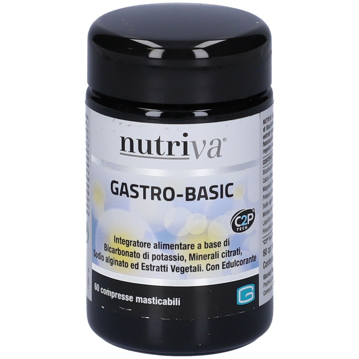 Barattolo nero con etichetta bianca. Scritta: Nutriva, GASTRO-BASIC. Contiene 60 compresse masticabili.
