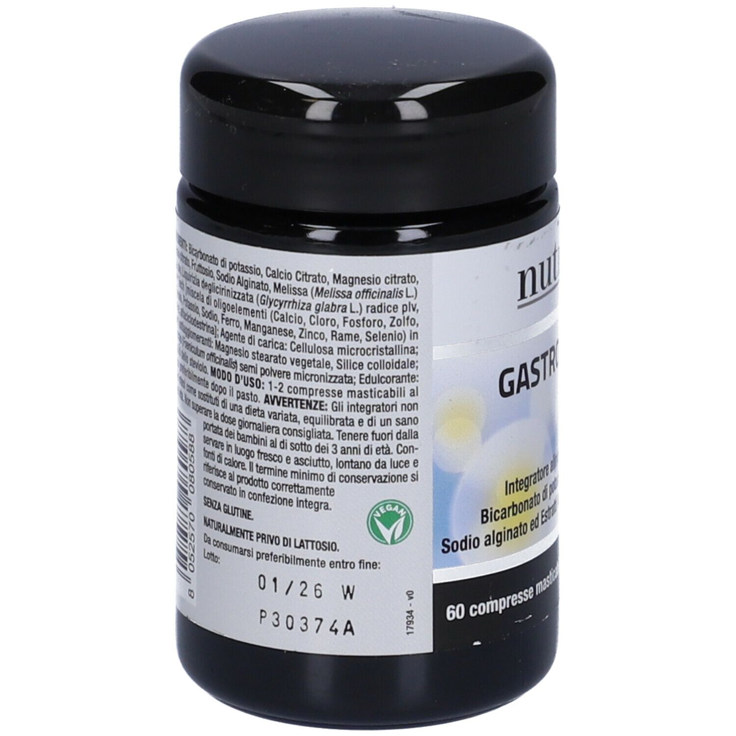 Barattolo nero con etichetta bianca. Testo: ingredienti, istruzioni per l'uso, avvertenze. 60 compresse masticabili. Sigillo vegano.